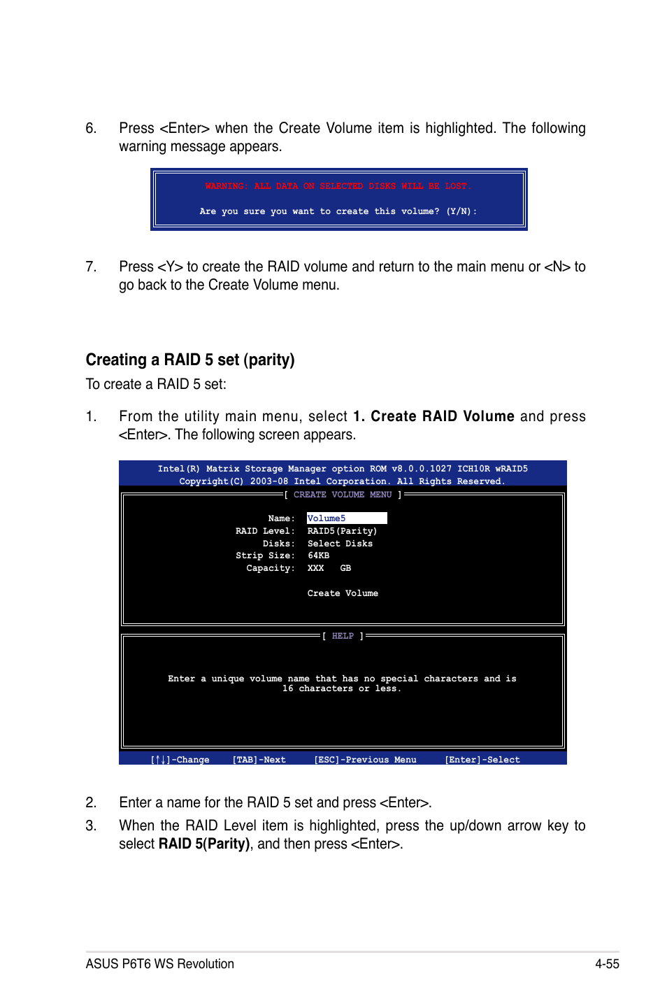 Creating a raid 5 set (parity) | Asus P6T6 WS Revolution User Manual | Page 167 / 192