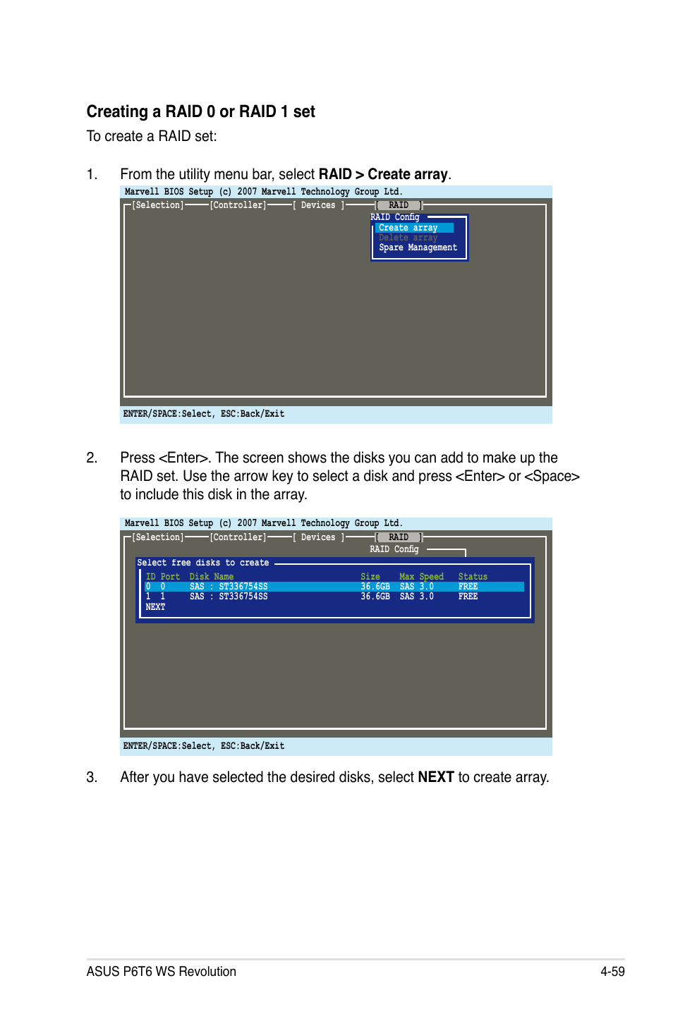 Creating a raid 0 or raid 1 set | Asus P6T6 WS Revolution User Manual | Page 171 / 192