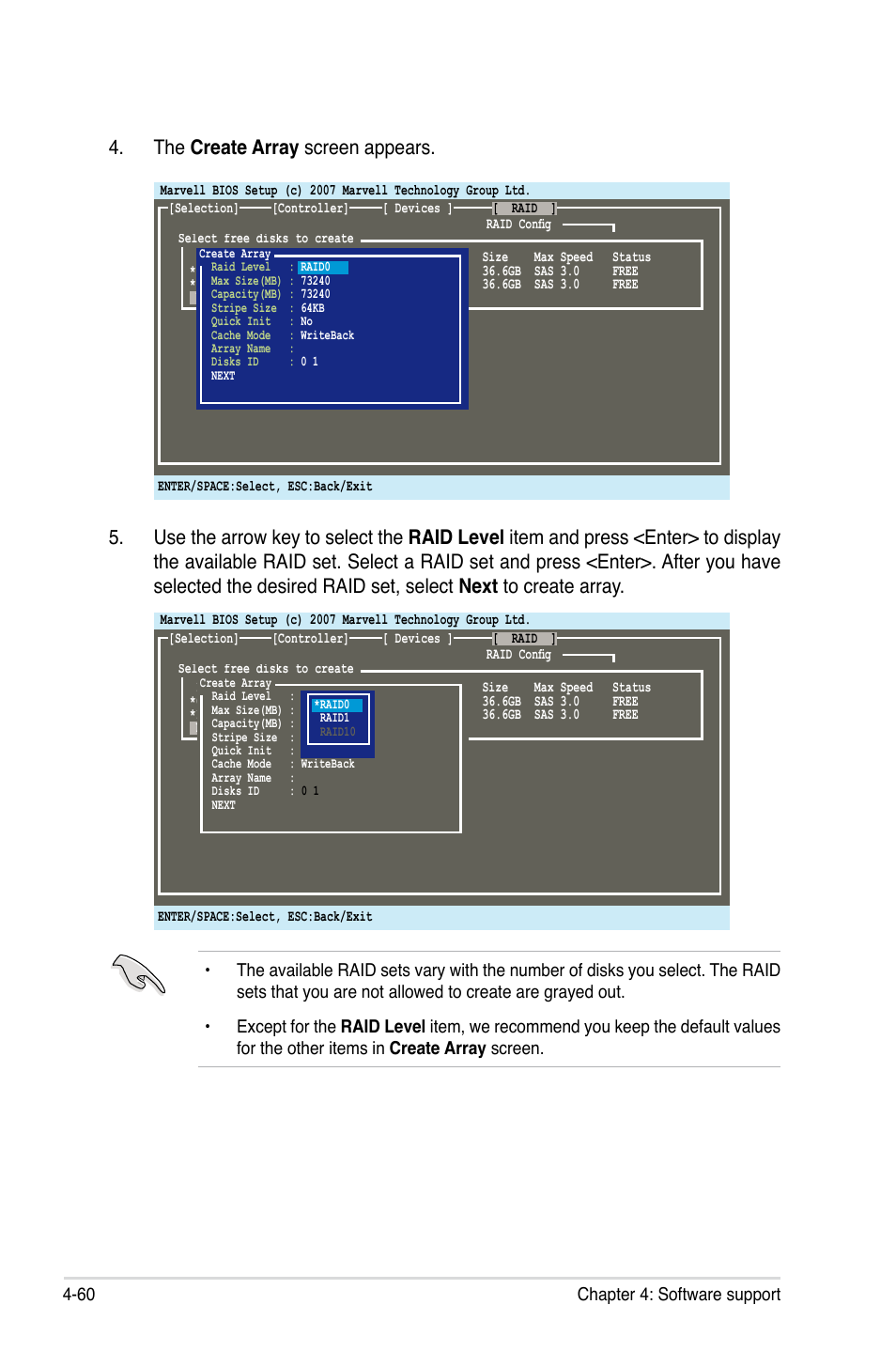 The create array screen appears, 60 chapter 4: software support | Asus P6T6 WS Revolution User Manual | Page 172 / 192