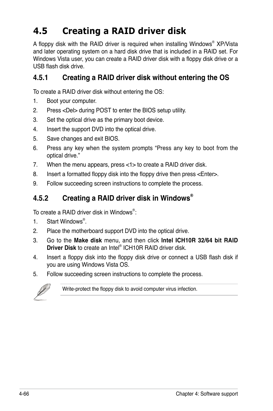 5 creating a raid driver disk, 2 creating a raid driver disk in windows, Creating a raid driver disk -66 4.5.1 | Creating a raid driver disk in windows | Asus P6T6 WS Revolution User Manual | Page 178 / 192