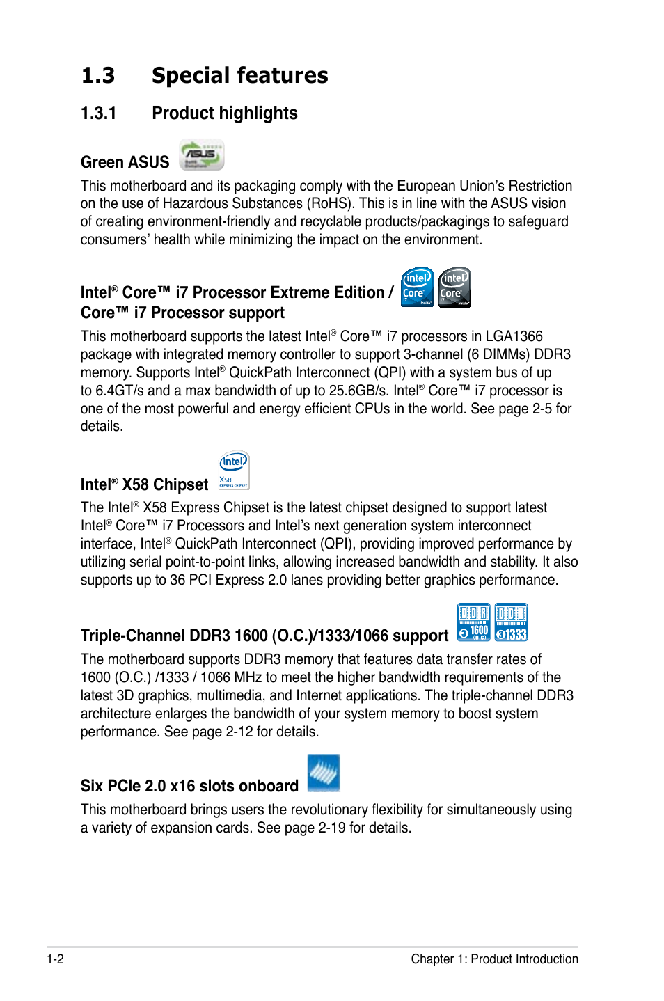 3 special features, 1 product highlights, Special features -2 1.3.1 | Product highlights -2 | Asus P6T6 WS Revolution User Manual | Page 18 / 192