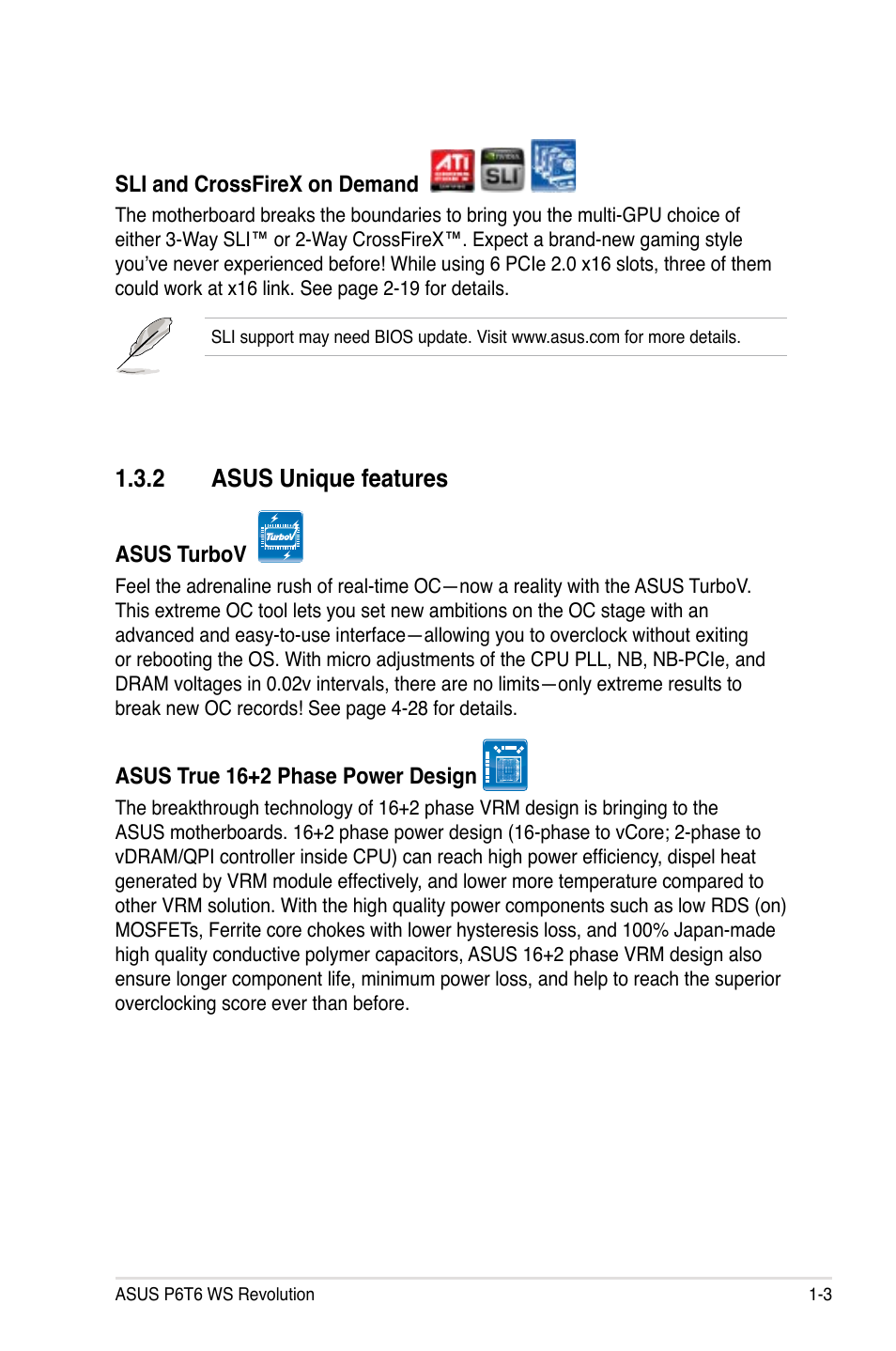 2 asus unique features, Asus unique features -3 | Asus P6T6 WS Revolution User Manual | Page 19 / 192