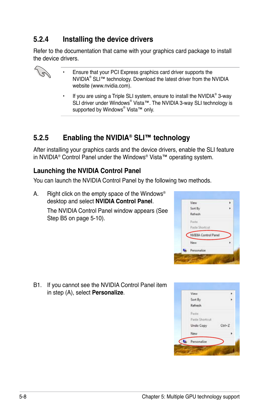 4 installing the device drivers, 5 enabling the nvidia® sli™ technology, Installing the device drivers -8 | Enabling the nvidia, Sli™ technology -8, 5 enabling the nvidia, Sli™ technology, Launching the nvidia control panel | Asus P6T6 WS Revolution User Manual | Page 190 / 192