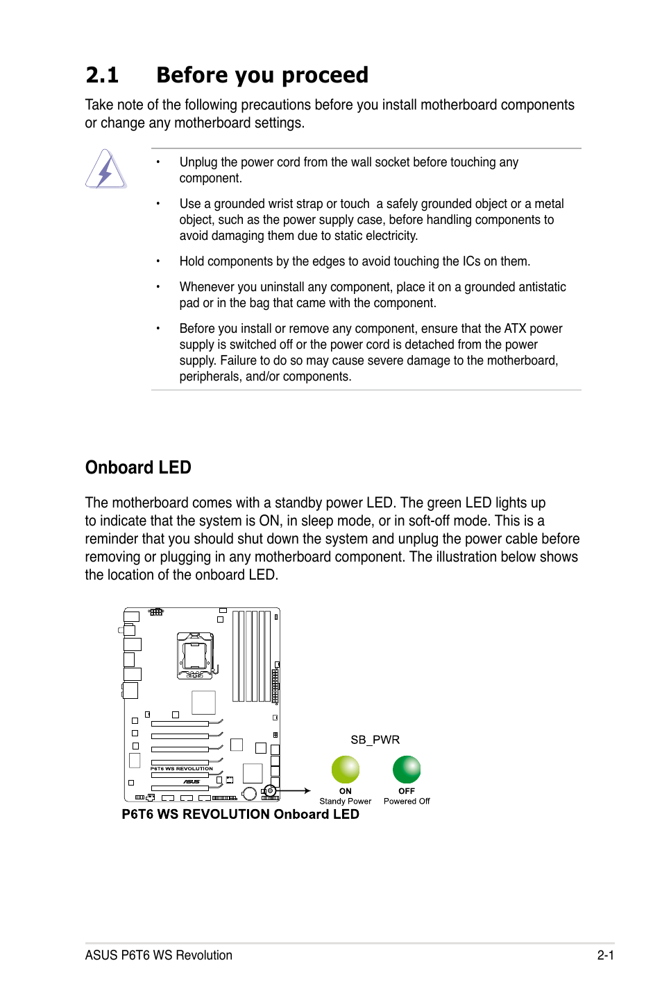 1 before you proceed, Before you proceed -1, Onboard led | Asus P6T6 WS Revolution User Manual | Page 27 / 192