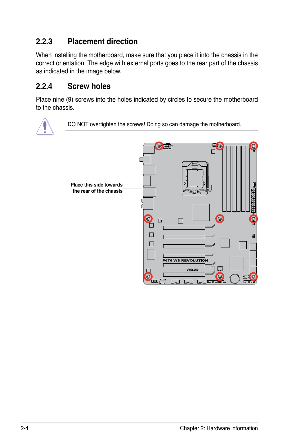 3 placement direction, 4 screw holes, Placement direction -4 | Screw holes -4 | Asus P6T6 WS Revolution User Manual | Page 30 / 192