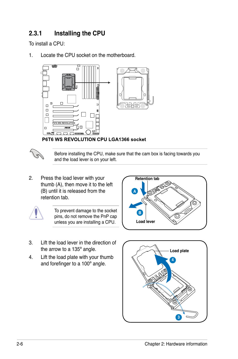 1 installing the cpu, Installing the cpu -6 | Asus P6T6 WS Revolution User Manual | Page 32 / 192