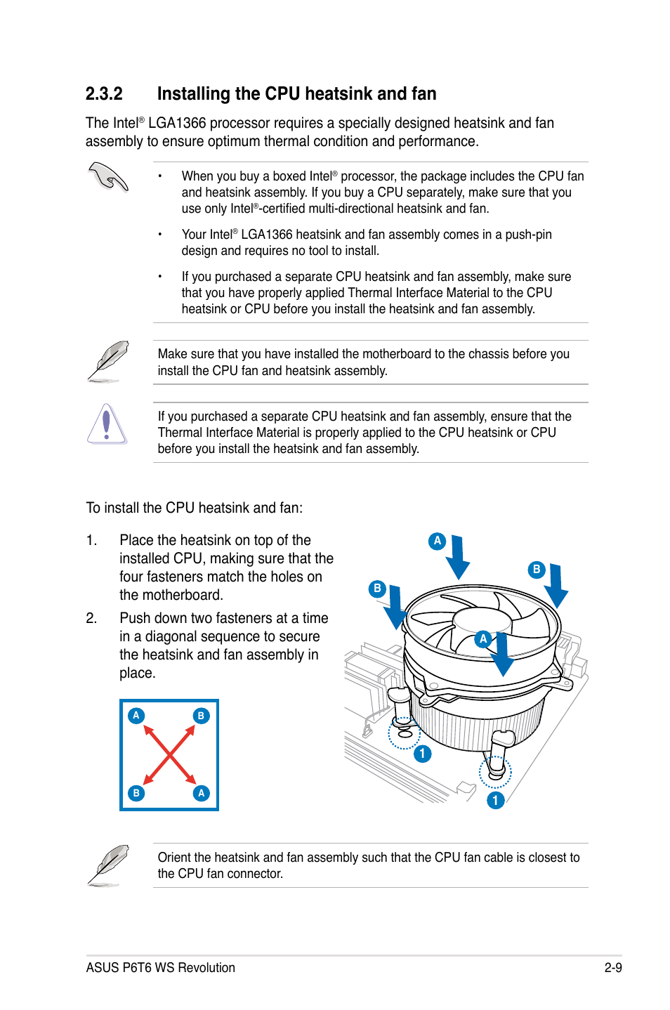 2 installing the cpu heatsink and fan, Installing the cpu heatsink and fan -9 | Asus P6T6 WS Revolution User Manual | Page 35 / 192