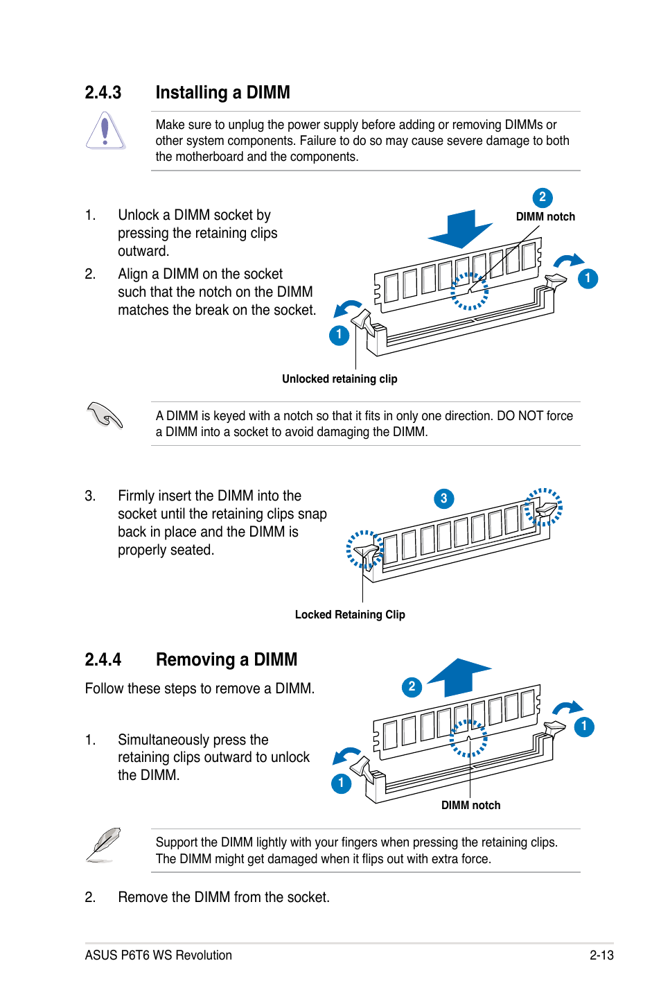 3 installing a dimm, 4 removing a dimm, Installing a dimm -13 | Removing a dimm -13 | Asus P6T6 WS Revolution User Manual | Page 39 / 192