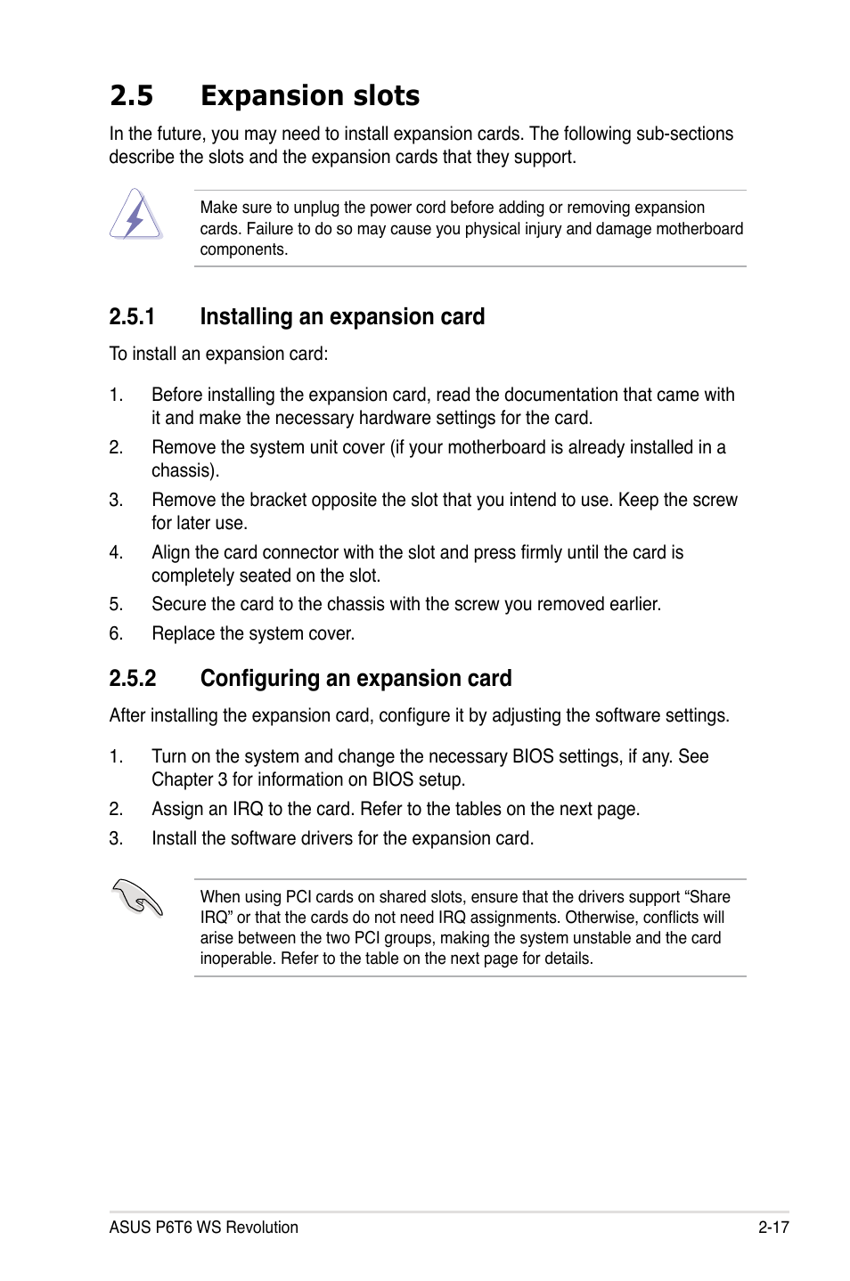 5 expansion slots, 1 installing an expansion card, 2 configuring an expansion card | Expansion slots -17 2.5.1, Installing an expansion card -17, Configuring an expansion card -17 | Asus P6T6 WS Revolution User Manual | Page 43 / 192