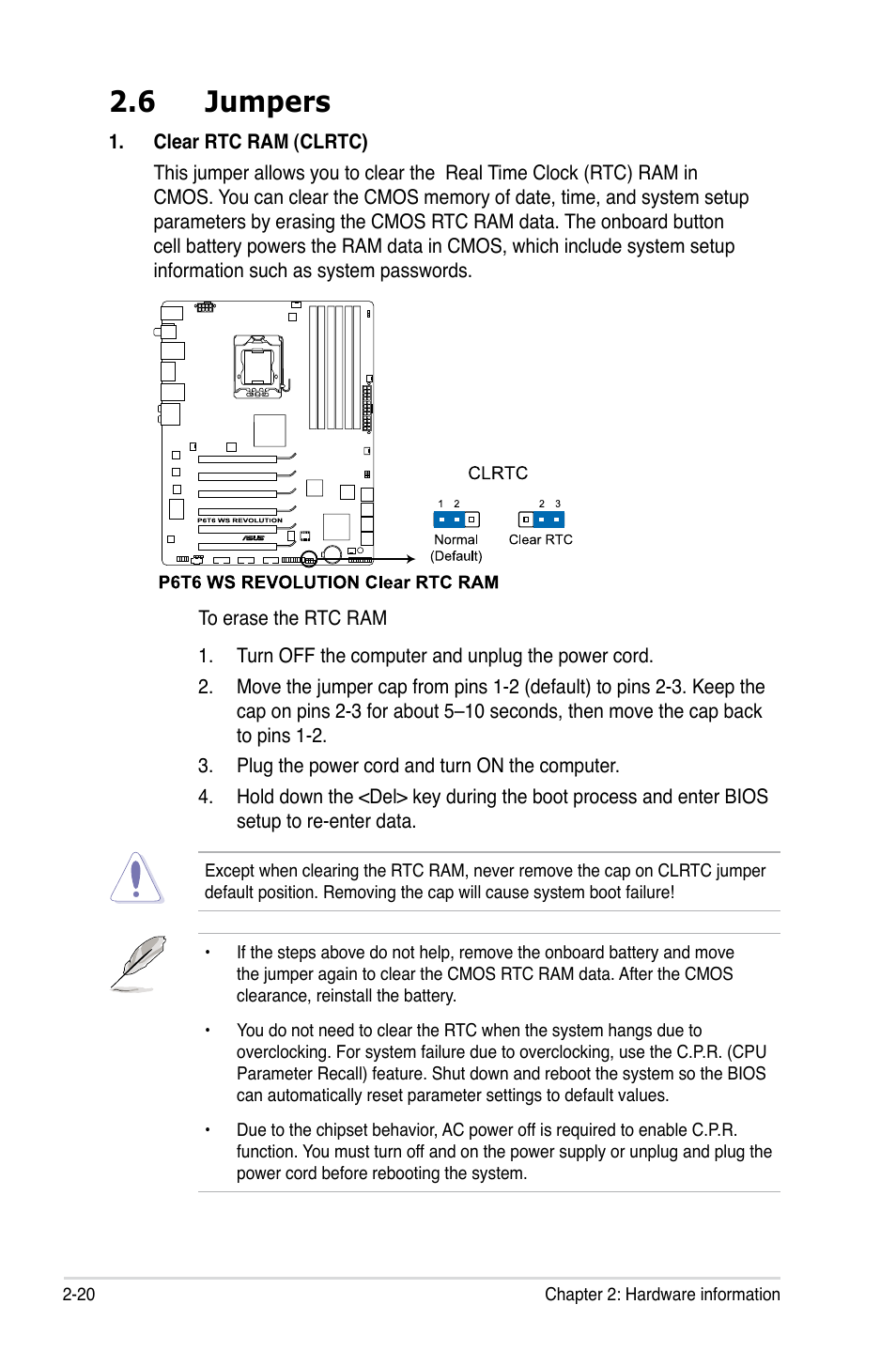 6 jumpers, Jumpers -20 | Asus P6T6 WS Revolution User Manual | Page 46 / 192