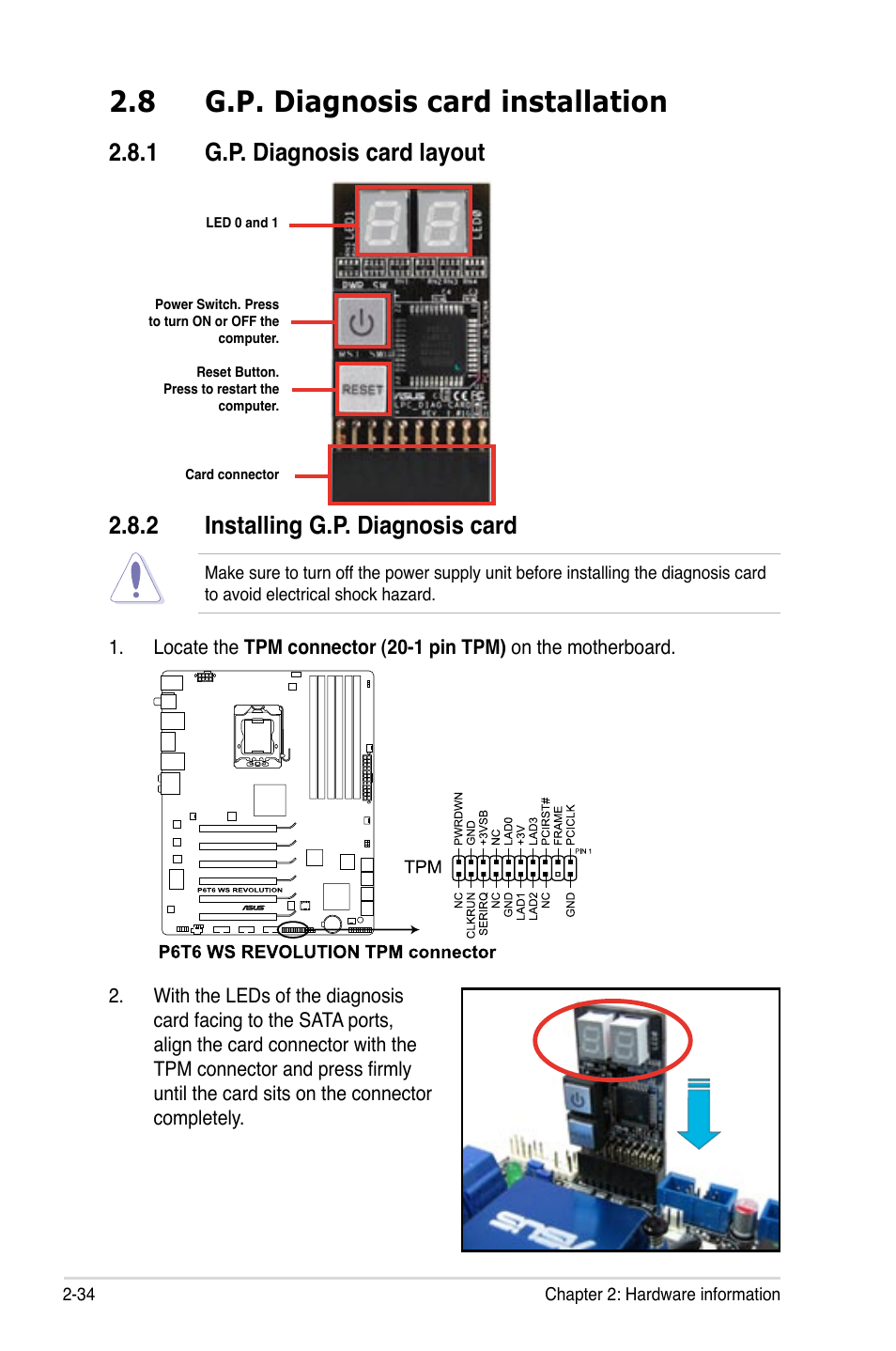 8 g.p. diagnosis card installation, 1 g.p. diagnosis card layout, 2 installing g.p. diagnosis card | G.p. diagnosis card installation -34 2.8.1, G.p. diagnosis card layout -34, Installing g.p. diagnosis card -34 | Asus P6T6 WS Revolution User Manual | Page 60 / 192