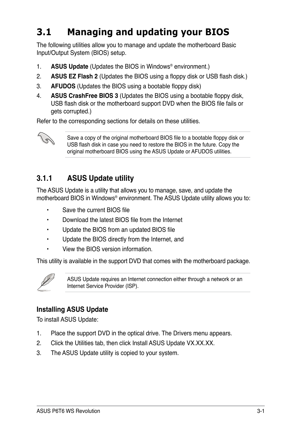 1 managing and updating your bios, 1 asus update utility, Managing and updating your bios -1 3.1.1 | Asus update utility -1 | Asus P6T6 WS Revolution User Manual | Page 67 / 192