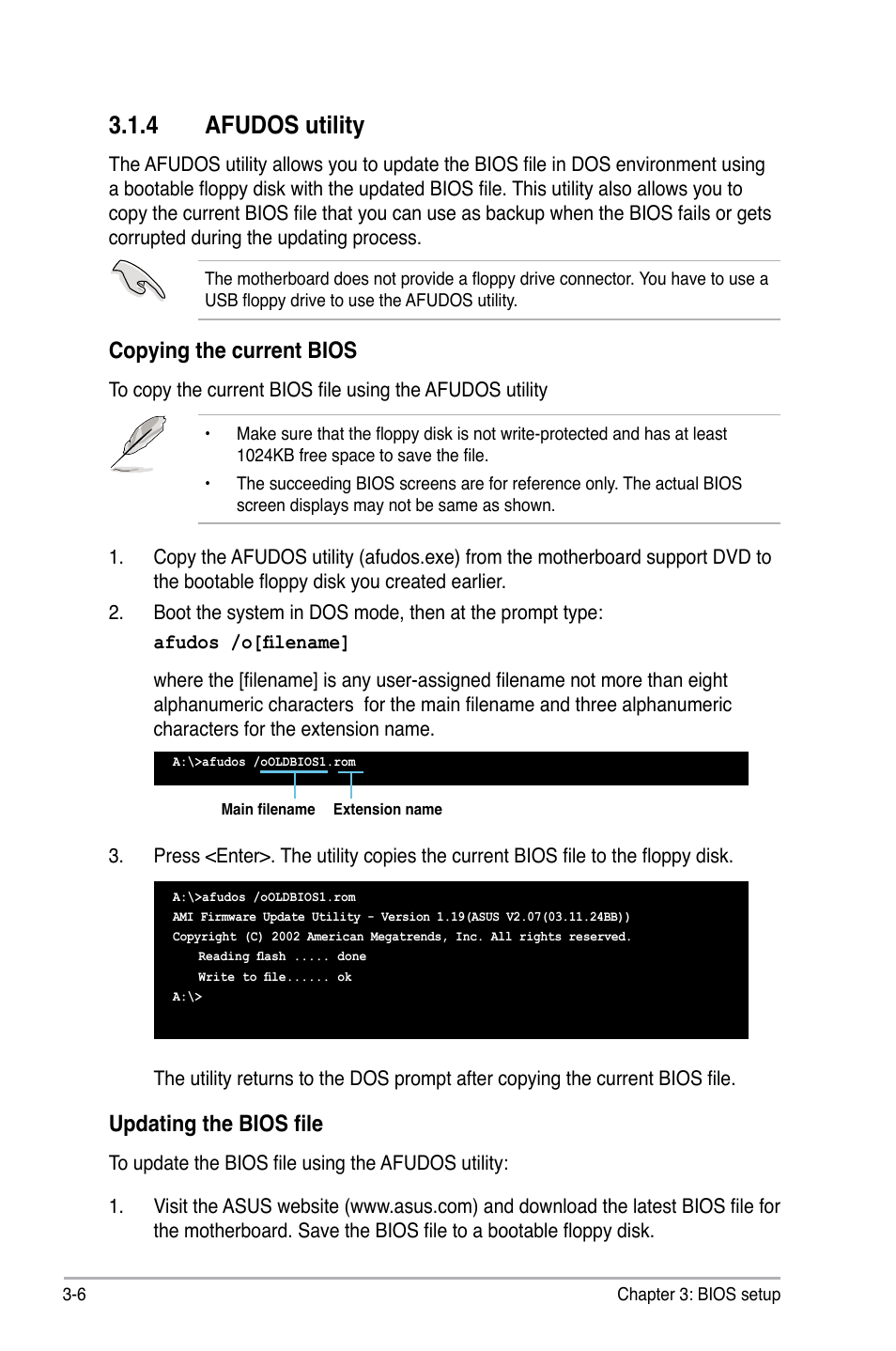 4 afudos utility, Afudos utility -6, Copying the current bios | Updating the bios file | Asus P6T6 WS Revolution User Manual | Page 72 / 192