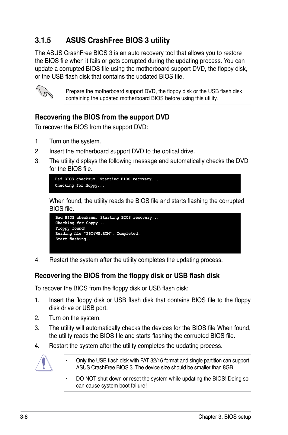 5 asus crashfree bios 3 utility, Asus crashfree bios 3 utility -8, Recovering the bios from the support dvd | Asus P6T6 WS Revolution User Manual | Page 74 / 192