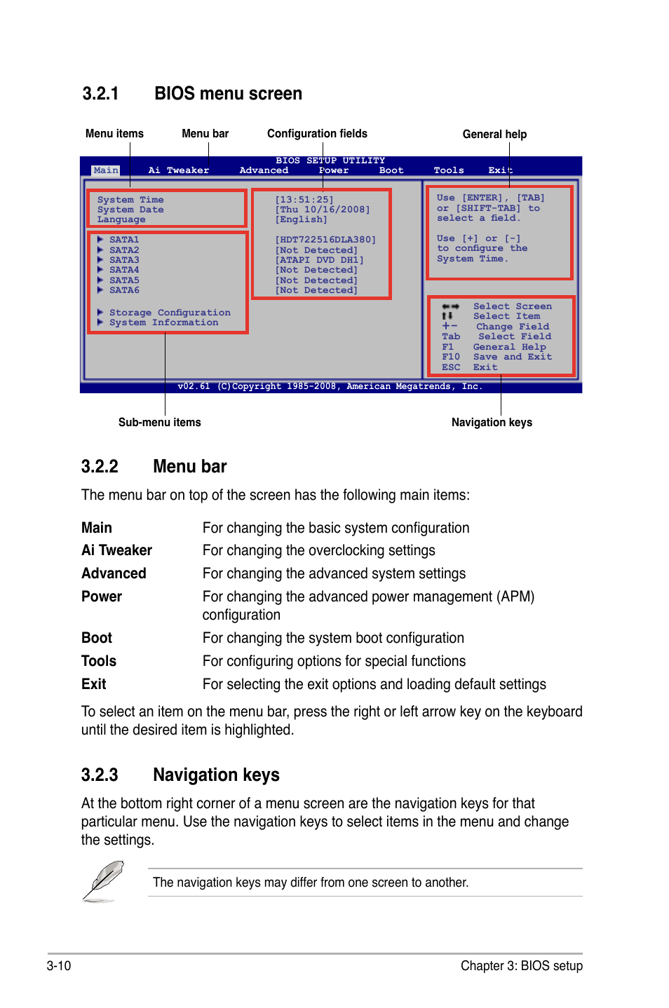 1 bios menu screen, 2 menu bar, 3 navigation keys | Bios menu screen -10, Menu bar -10, Navigation keys -10 | Asus P6T6 WS Revolution User Manual | Page 76 / 192