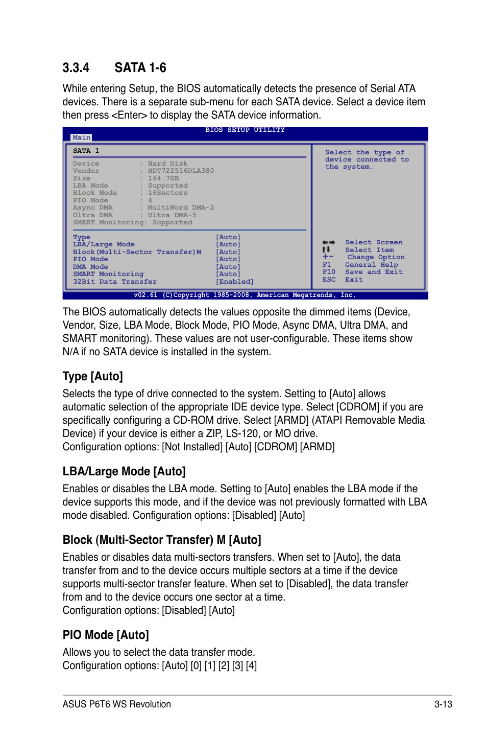 4 sata 1-6, Sata 1-6 -13, Type [auto | Lba/large mode [auto, Block (multi-sector transfer) m [auto, Pio mode [auto | Asus P6T6 WS Revolution User Manual | Page 79 / 192