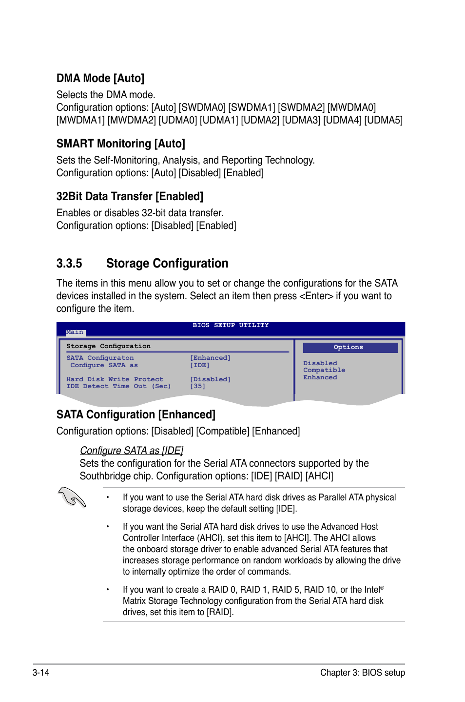 5 storage configuration, Storage configuration -14, Dma mode [auto | Smart monitoring [auto, 32bit data transfer [enabled, Sata configuration [enhanced | Asus P6T6 WS Revolution User Manual | Page 80 / 192