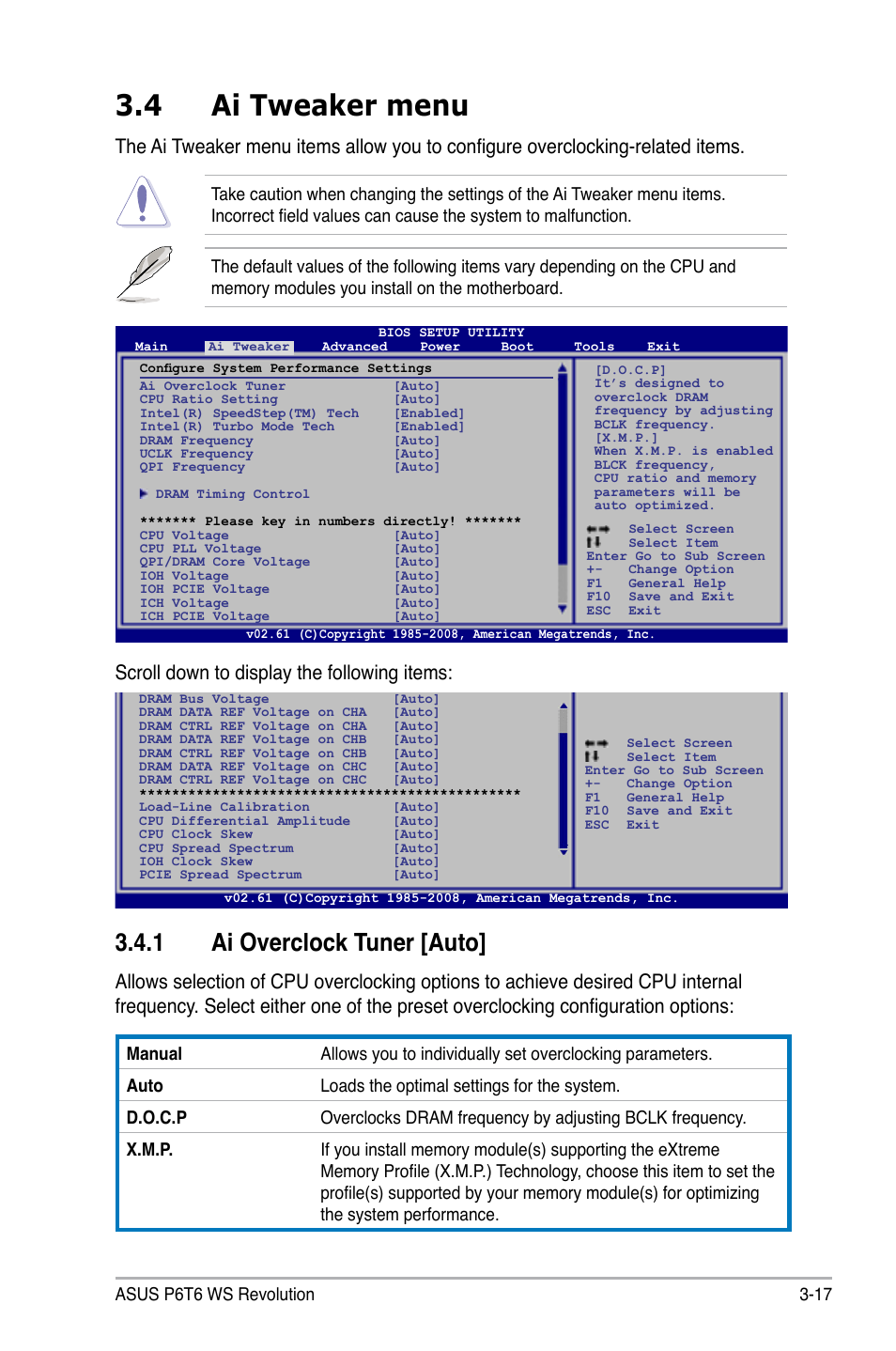 4 ai tweaker menu, 1 ai overclock tuner [auto, Ai tweaker menu -17 3.4.1 | Ai overclock tuner [auto] -17, Scroll down to display the following items | Asus P6T6 WS Revolution User Manual | Page 83 / 192