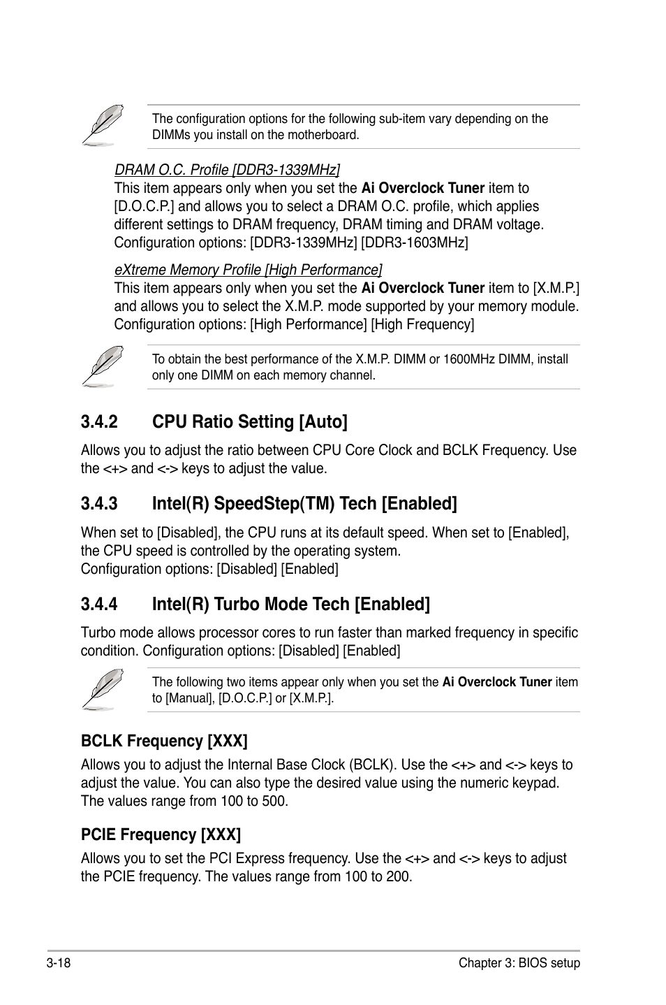 2 cpu ratio setting [auto, 3 intel(r) speedstep(tm) tech [enabled, 4 intel(r) turbo mode tech [enabled | Cpu ratio setting [auto] -18, Intel(r) speedstep(tm) tech [enabled] -18, Intel(r) turbo mode tech [enabled] -18 | Asus P6T6 WS Revolution User Manual | Page 84 / 192