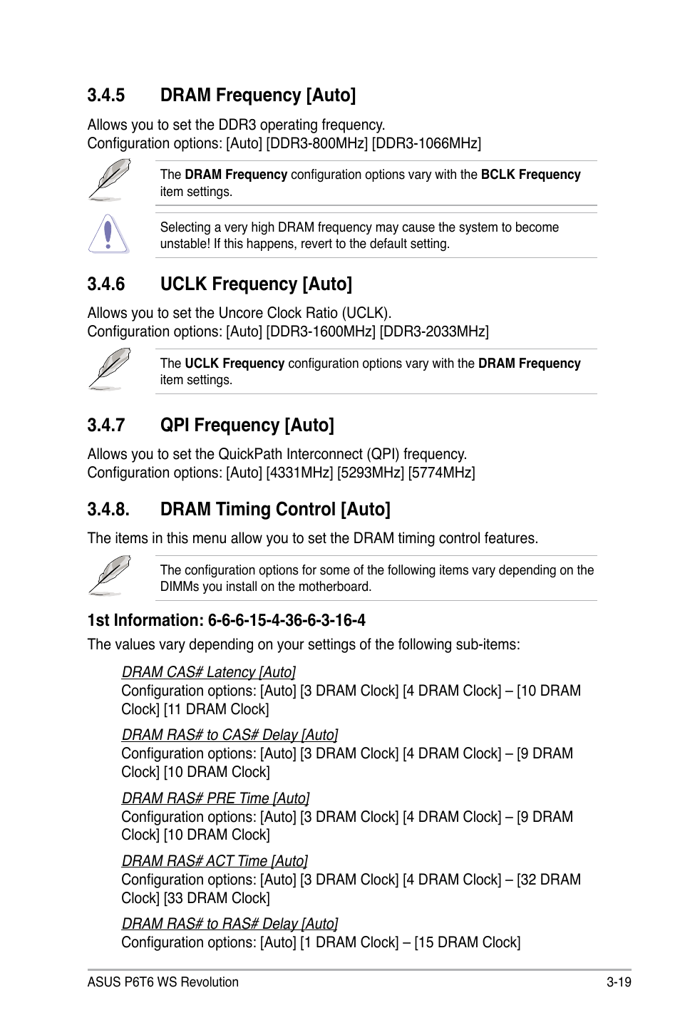 5 dram frequency [auto, 6 uclk frequency [auto, 7 qpi frequency [auto | Dram timing control [auto, Dram frequency [auto] -19, Uclk frequency [auto] -19, Qpi frequency [auto] -19, Dram timing control [auto] -19 | Asus P6T6 WS Revolution User Manual | Page 85 / 192