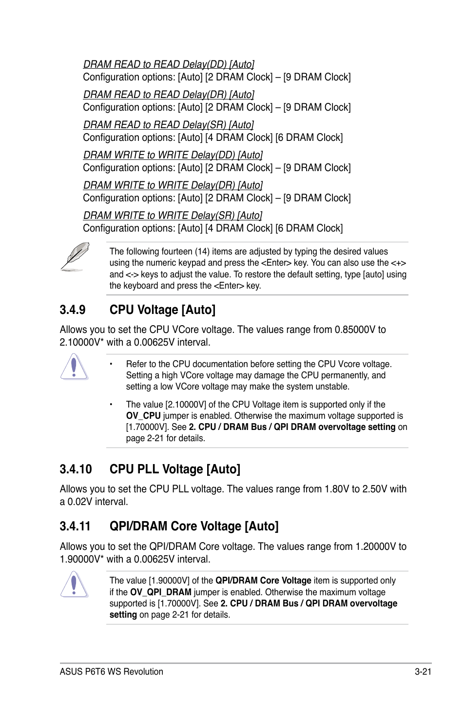 9 cpu voltage [auto, 10 cpu pll voltage [auto, 11 qpi/dram core voltage [auto | Cpu voltage [auto] -21 | Asus P6T6 WS Revolution User Manual | Page 87 / 192