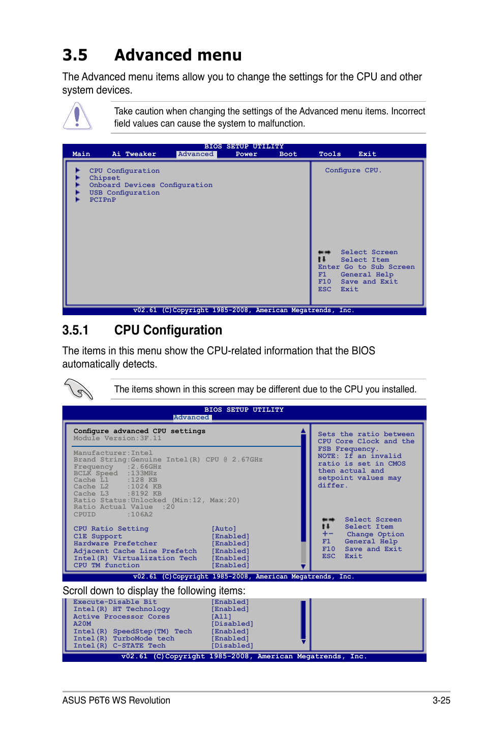 5 advanced menu, 1 cpu configuration, Advanced menu -25 3.5.1 | Cpu configuration -25, Scroll down to display the following items | Asus P6T6 WS Revolution User Manual | Page 91 / 192