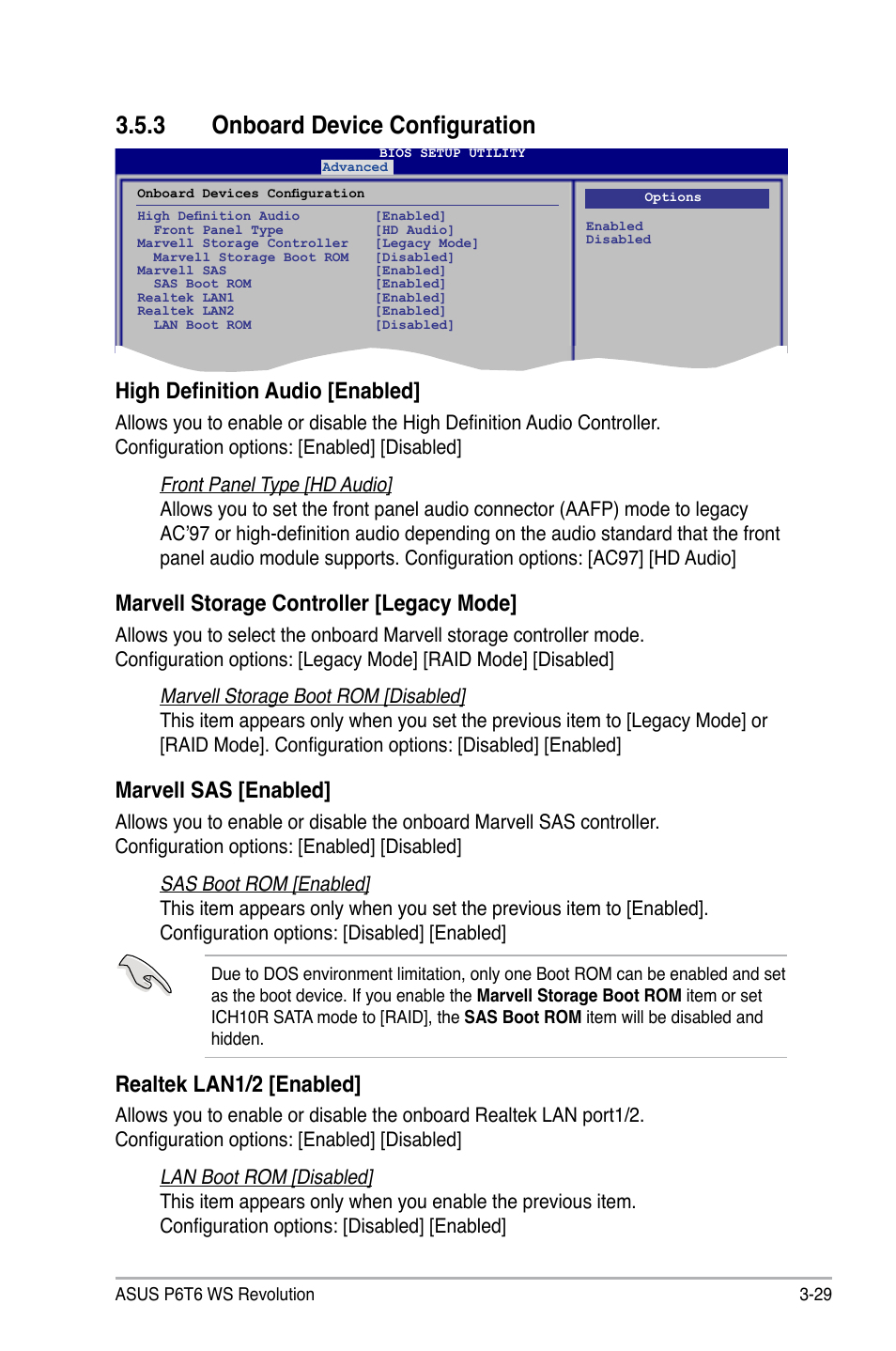 3 onboard device configuration, Onboard device configuration -29, High definition audio [enabled | Marvell storage controller [legacy mode, Marvell sas [enabled, Realtek lan1/2 [enabled | Asus P6T6 WS Revolution User Manual | Page 95 / 192