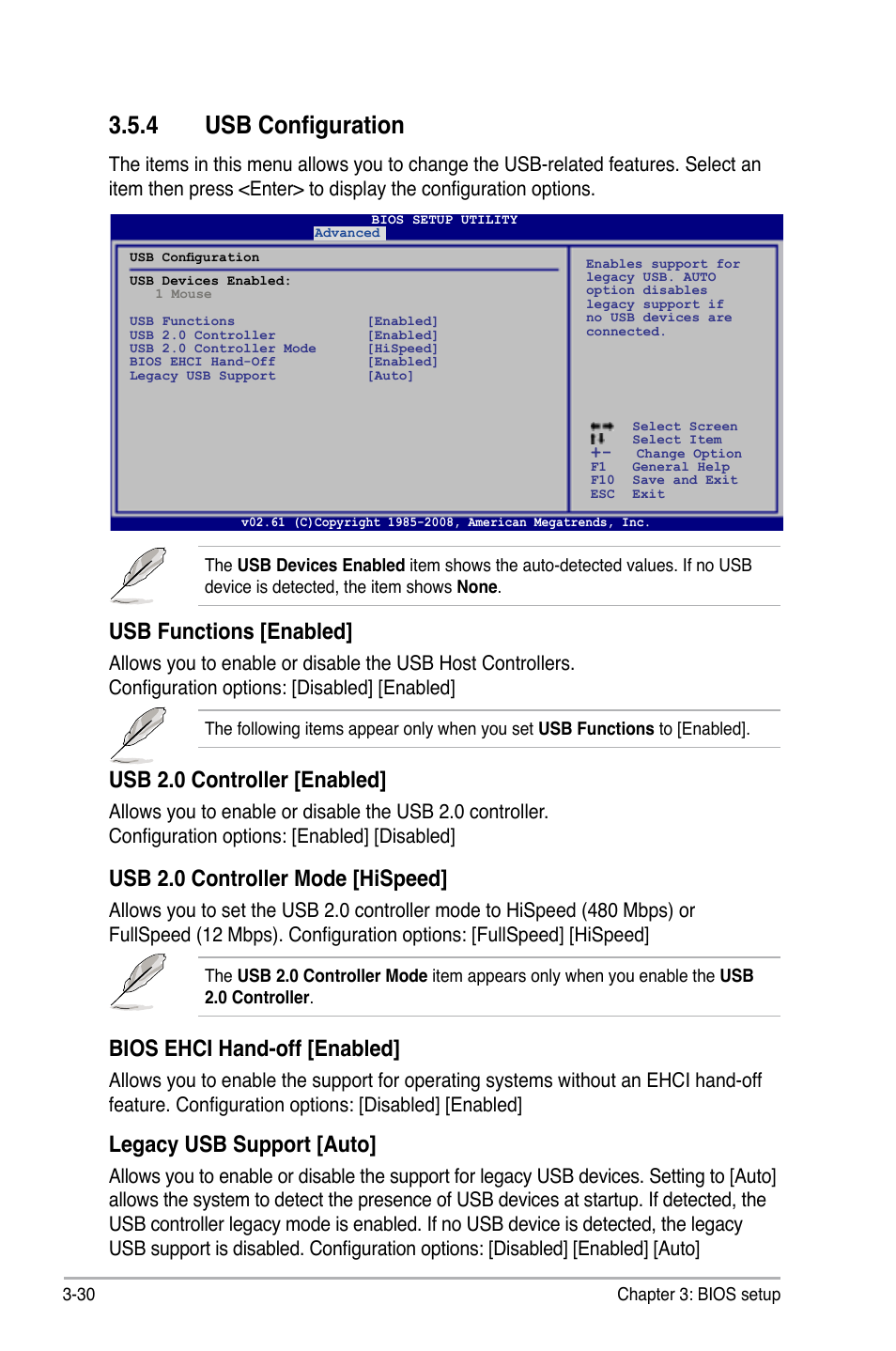 4 usb configuration, Usb configuration -30, Usb functions [enabled | Usb 2.0 controller [enabled, Usb 2.0 controller mode [hispeed, Bios ehci hand-off [enabled, Legacy usb support [auto | Asus P6T6 WS Revolution User Manual | Page 96 / 192