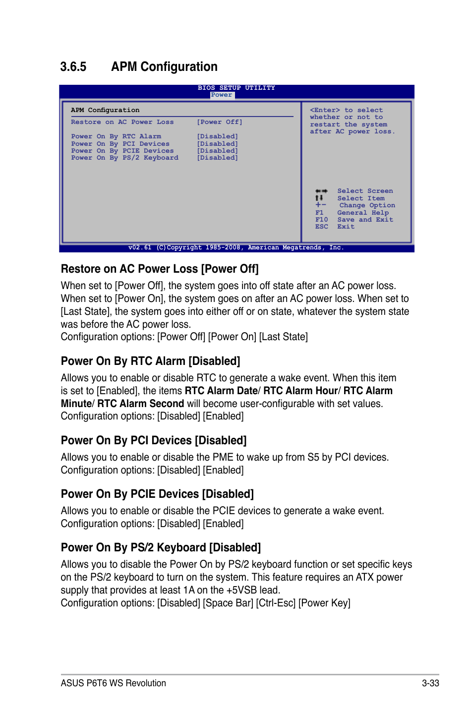 5 apm configuration, Apm configuration -33, Restore on ac power loss [power off | Power on by rtc alarm [disabled, Power on by pci devices [disabled, Power on by pcie devices [disabled, Power on by ps/2 keyboard [disabled | Asus P6T6 WS Revolution User Manual | Page 99 / 192