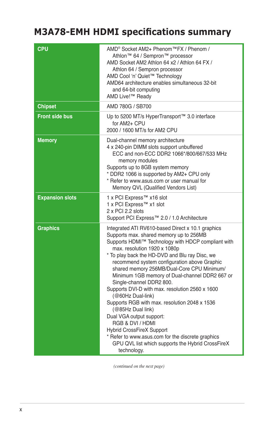 M3a78-emh hdmi specifications summary | Asus M3A78-EMH HDMI User Manual | Page 10 / 100