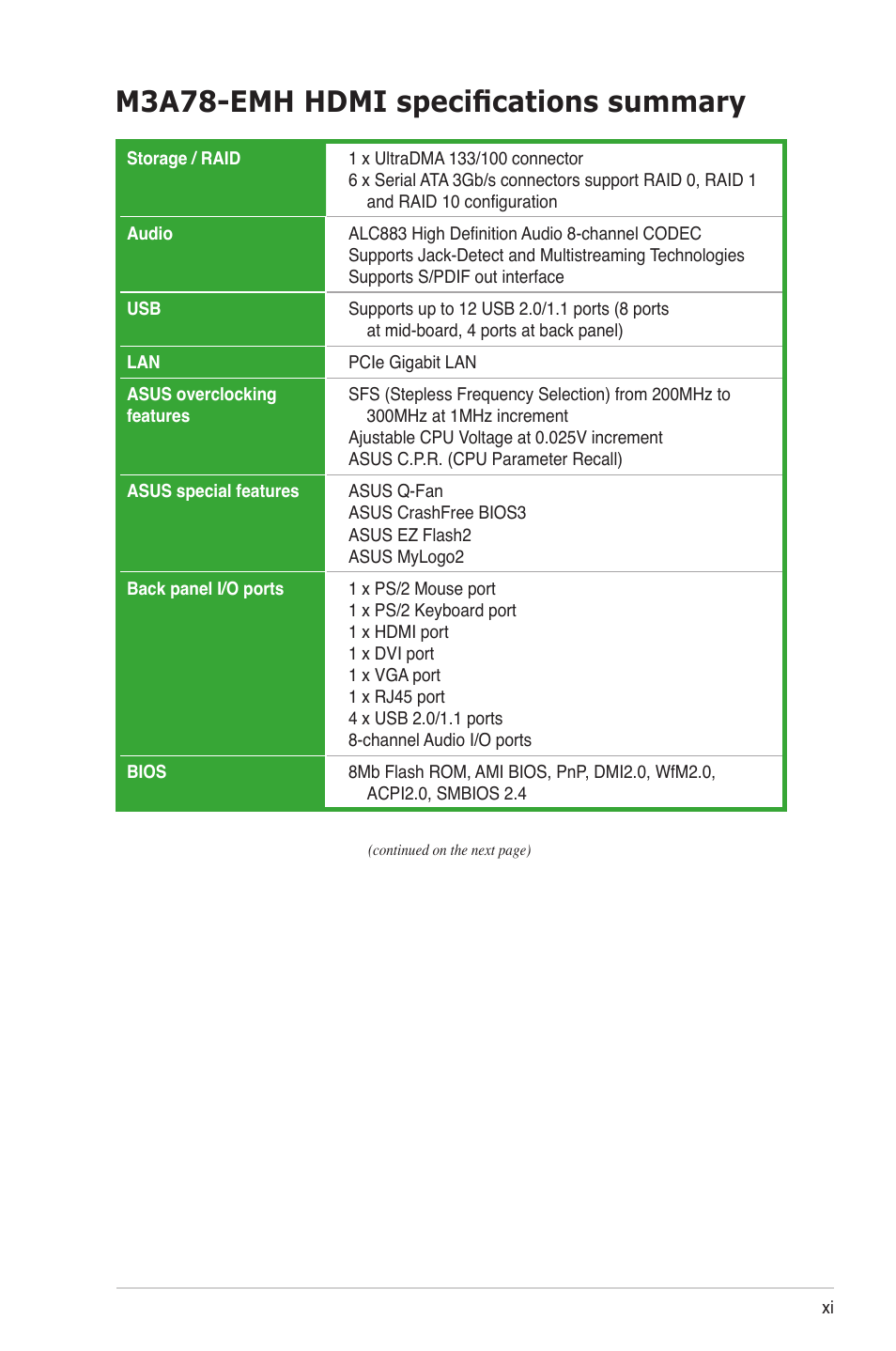 M3a78-emh hdmi specifications summary | Asus M3A78-EMH HDMI User Manual | Page 11 / 100