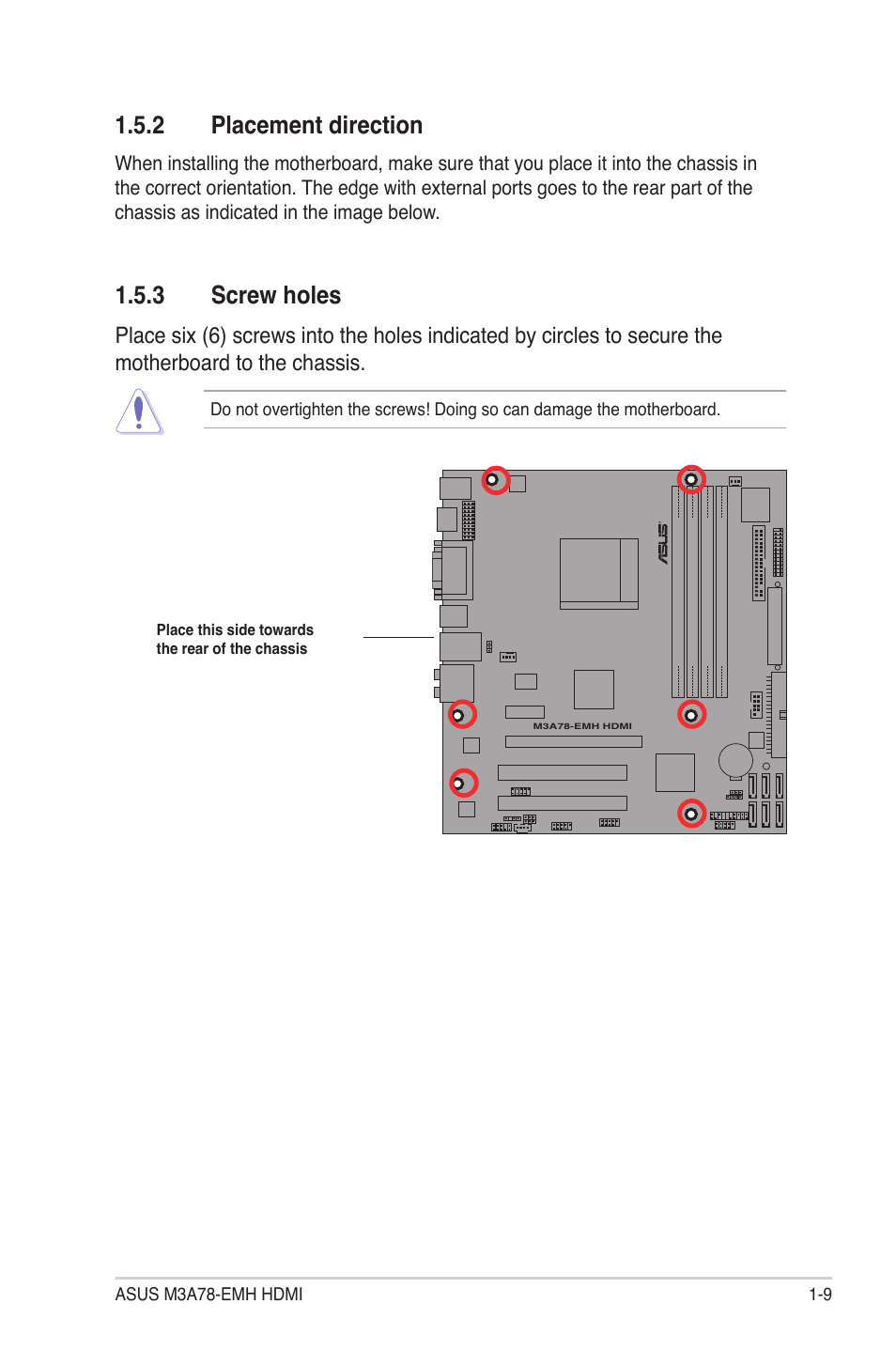 Placement.direction, Screw.holes | Asus M3A78-EMH HDMI User Manual | Page 21 / 100