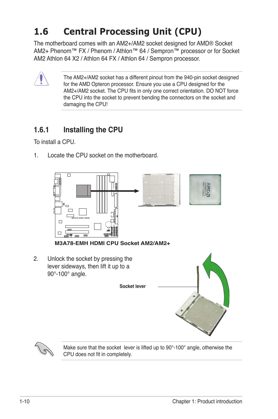 6 central processing unit (cpu), Installing.the.cpu | Asus M3A78-EMH HDMI User Manual | Page 22 / 100