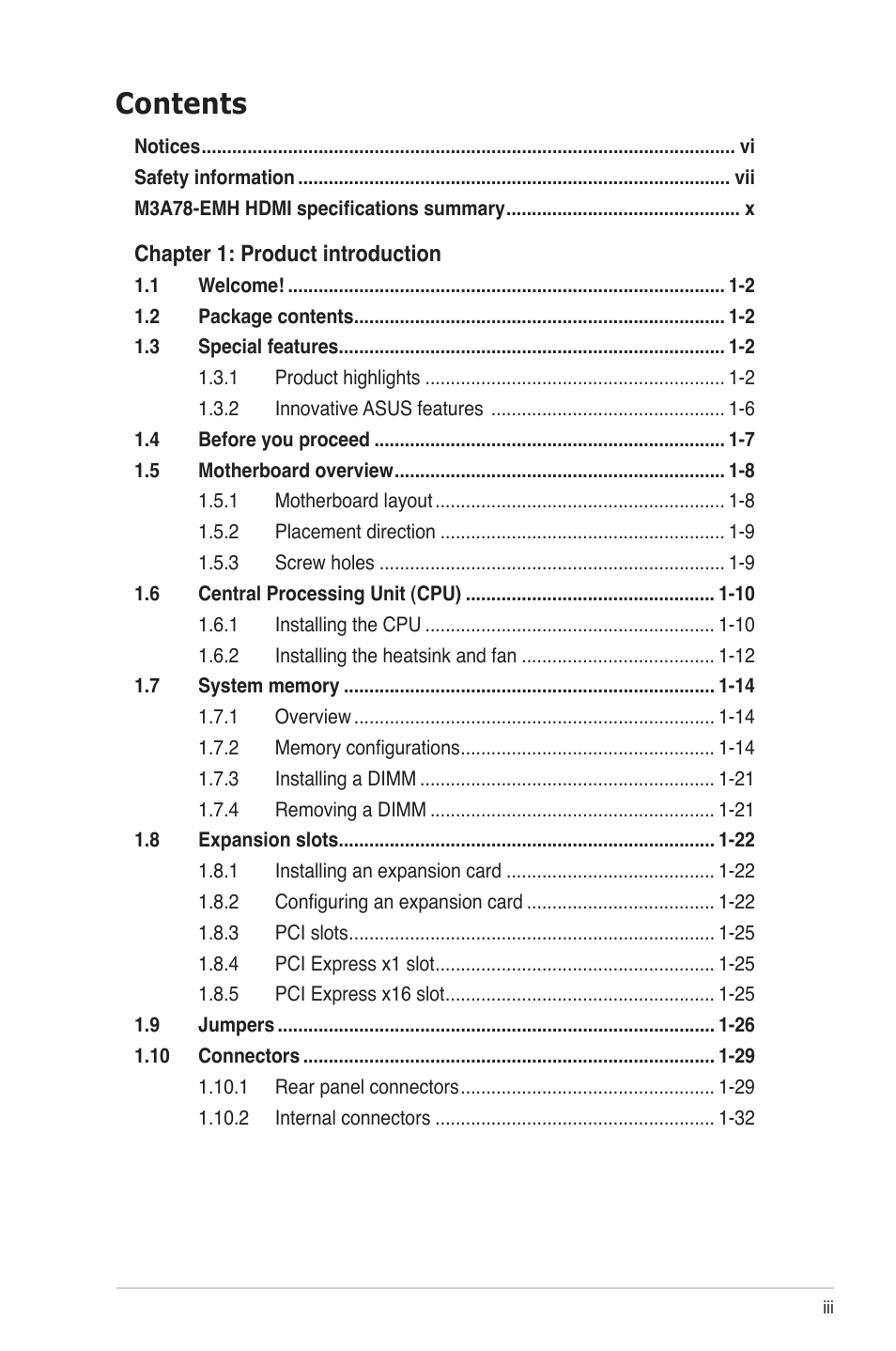 Asus M3A78-EMH HDMI User Manual | Page 3 / 100