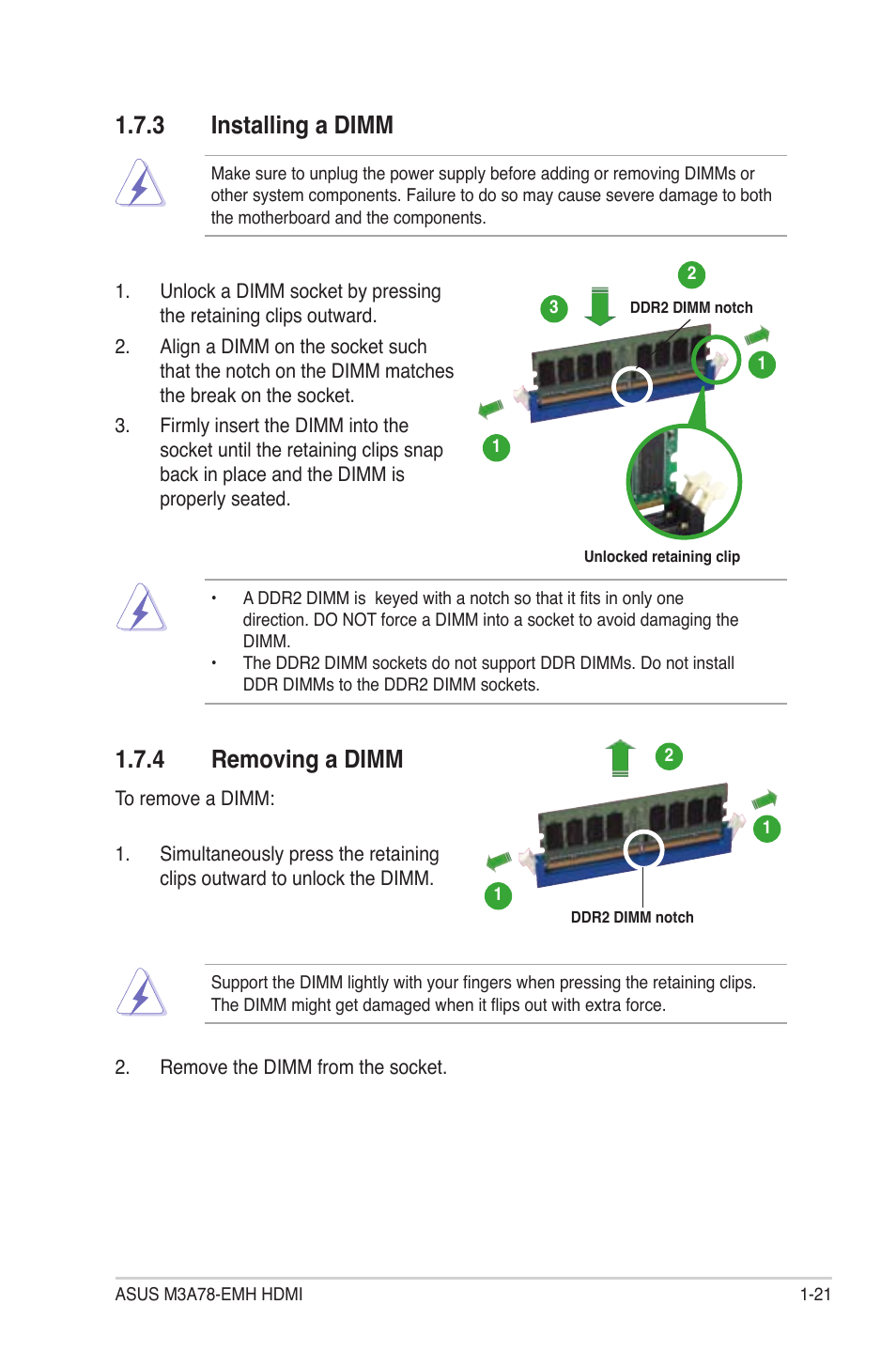 Installing.a.dimm, 4 removing a dimm | Asus M3A78-EMH HDMI User Manual | Page 33 / 100