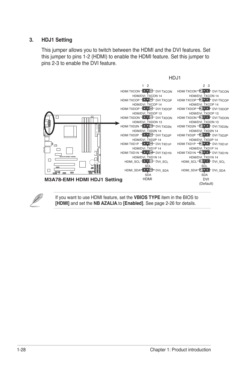 28 chapter 1: product introduction, M3a78-emh hdmi hdj1 setting, Hdj1 | Asus M3A78-EMH HDMI User Manual | Page 40 / 100