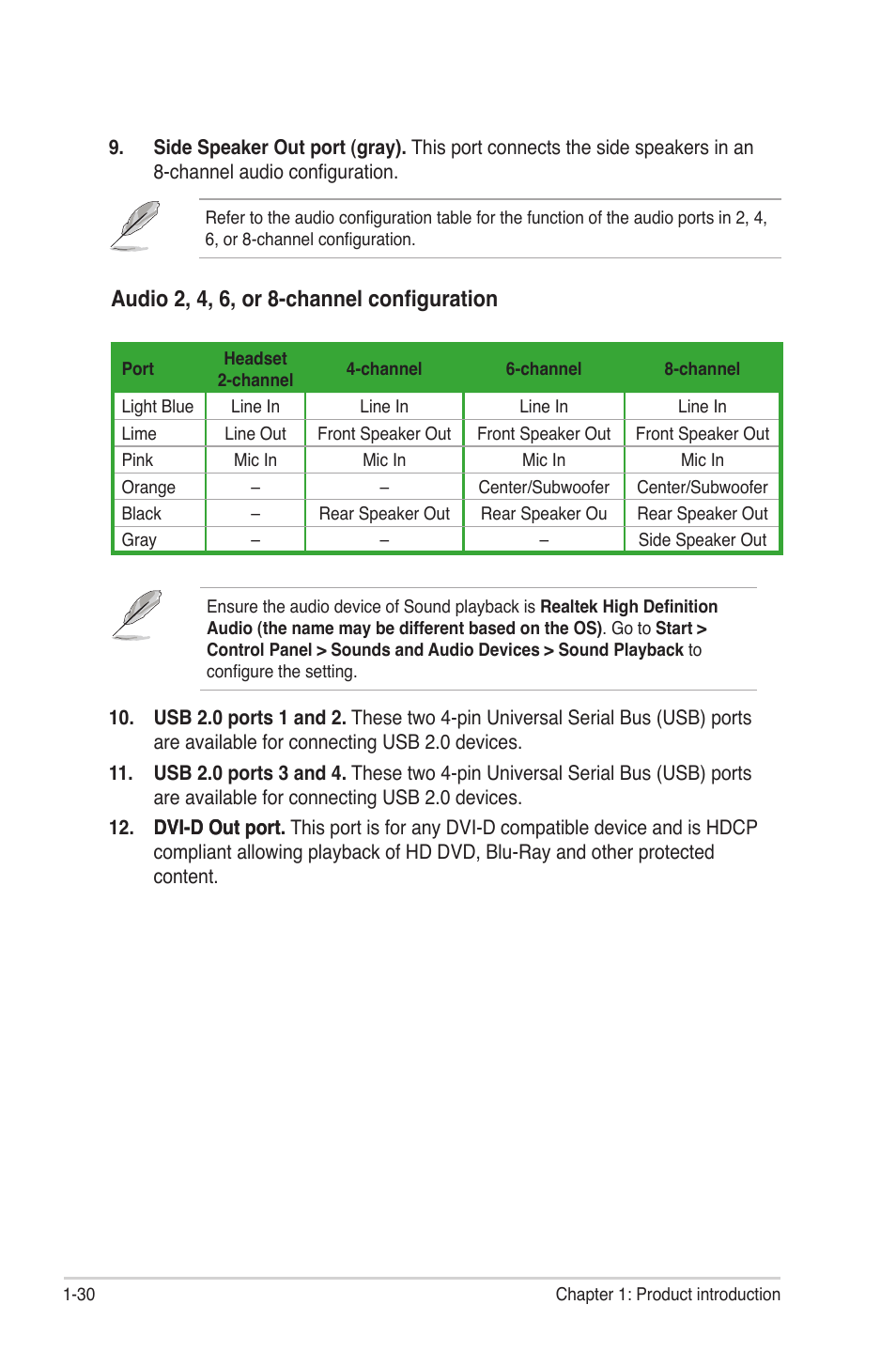 Audio 2, 4, 6, or 8-channel configuration | Asus M3A78-EMH HDMI User Manual | Page 42 / 100