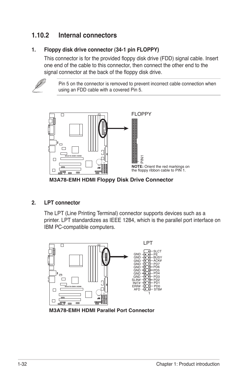 Internal.connectors, Floppy disk drive connector, 32 chapter 1: product introduction | Floppy, M3a78-emh hdmi parallel port connector lpt | Asus M3A78-EMH HDMI User Manual | Page 44 / 100