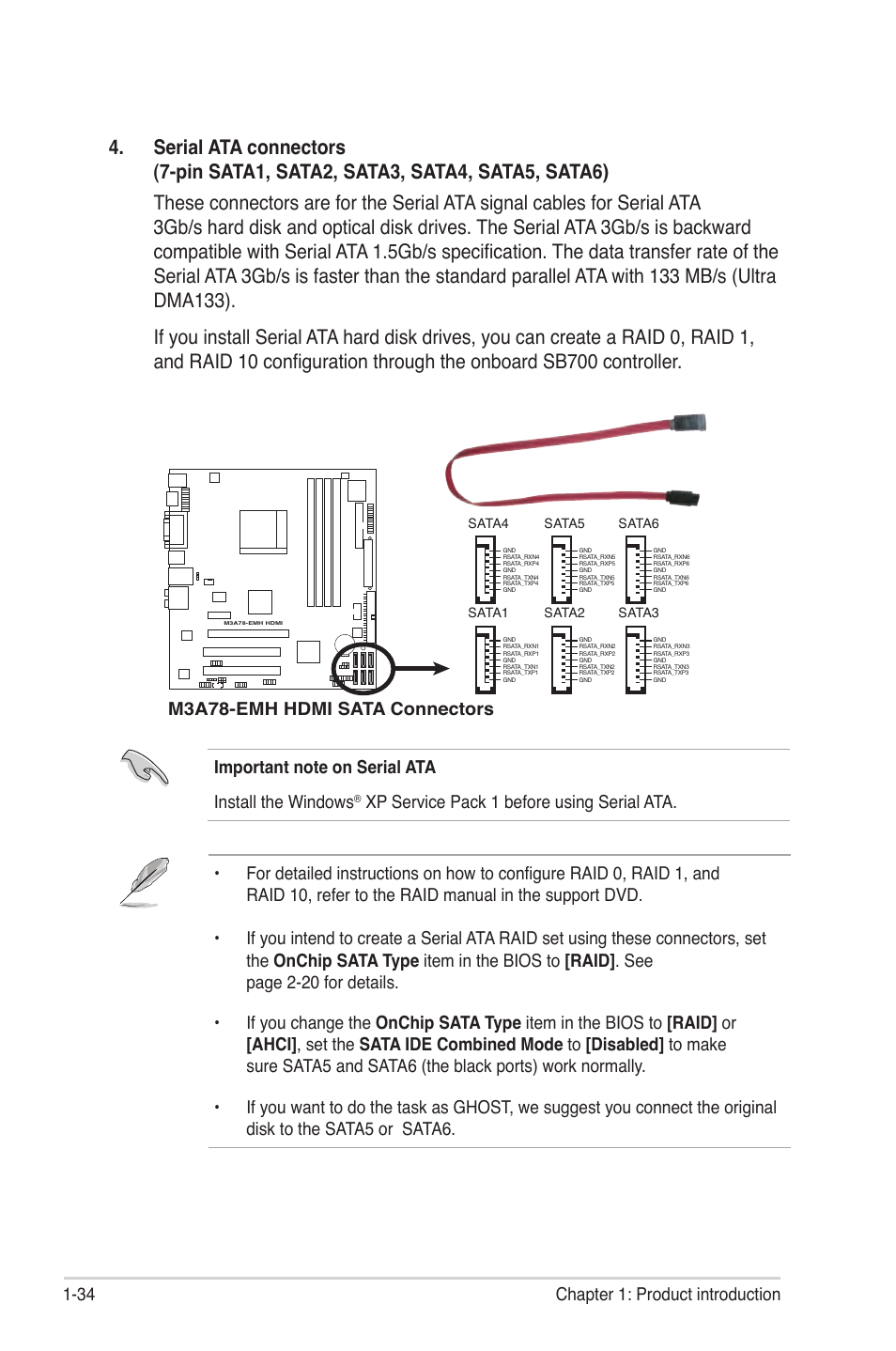 34 chapter 1: product introduction, M3a78-emh hdmi sata connectors | Asus M3A78-EMH HDMI User Manual | Page 46 / 100