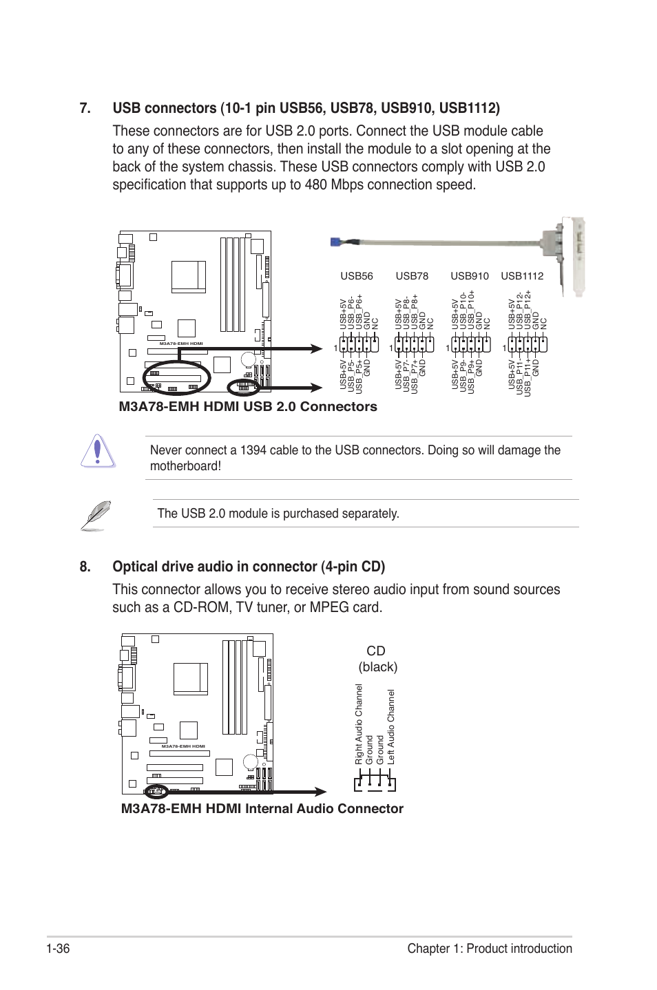 M3a78-emh hdmi internal audio connector cd (black) | Asus M3A78-EMH HDMI User Manual | Page 48 / 100