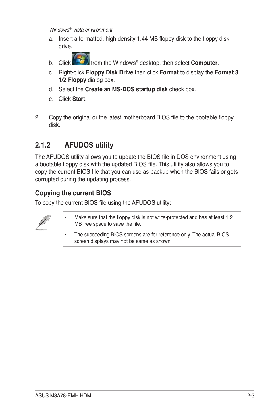 2 afudos utility, Copying the current bios | Asus M3A78-EMH HDMI User Manual | Page 55 / 100