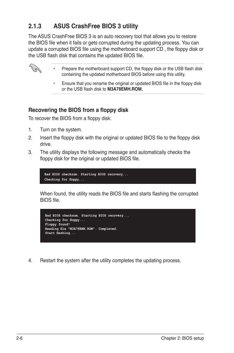 3 asus crashfree bios 3 utility, Recovering the bios from a floppy disk | Asus M3A78-EMH HDMI User Manual | Page 58 / 100