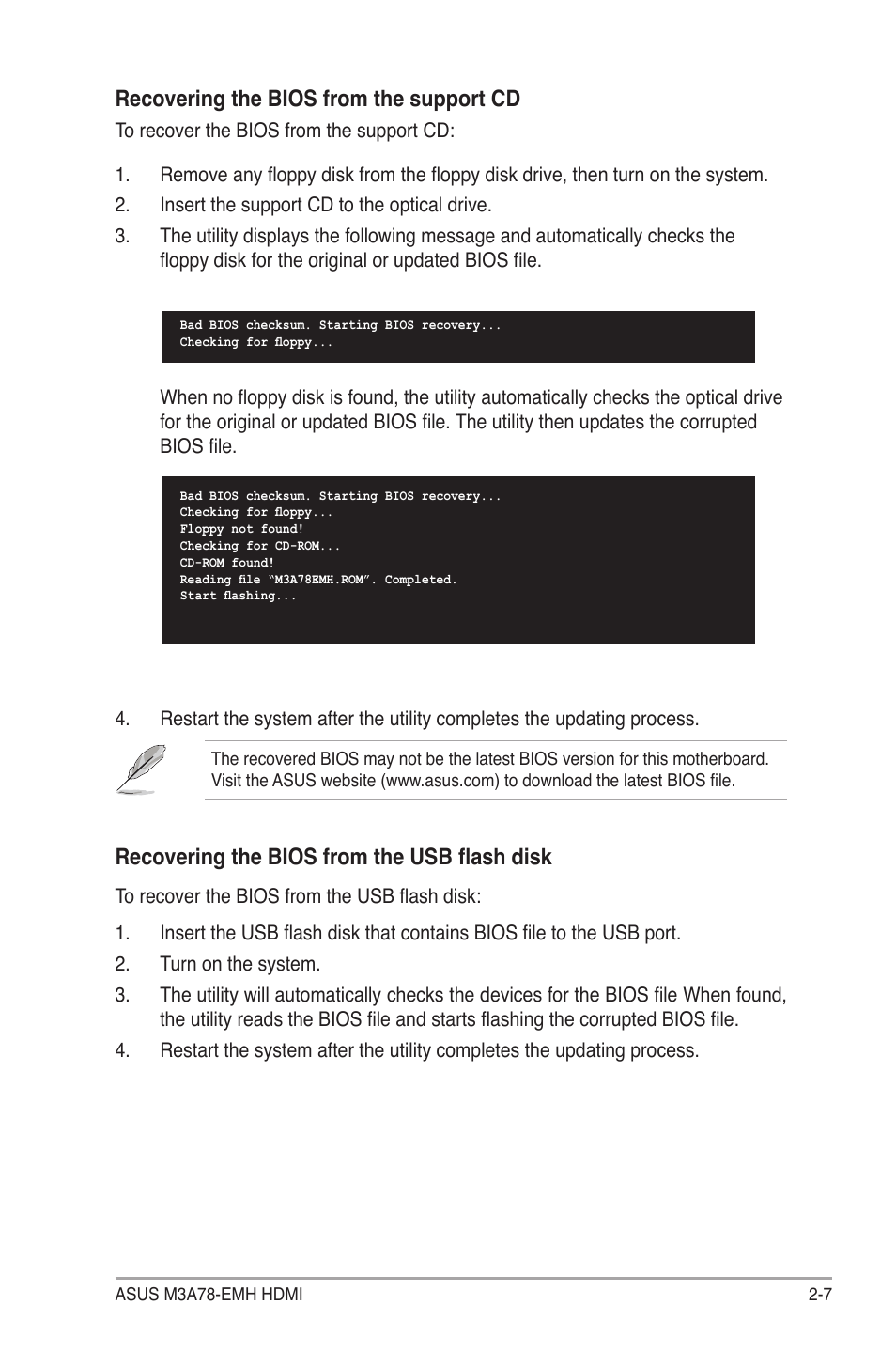 Recovering the bios from the support cd, Recovering the bios from the usb flash disk | Asus M3A78-EMH HDMI User Manual | Page 59 / 100