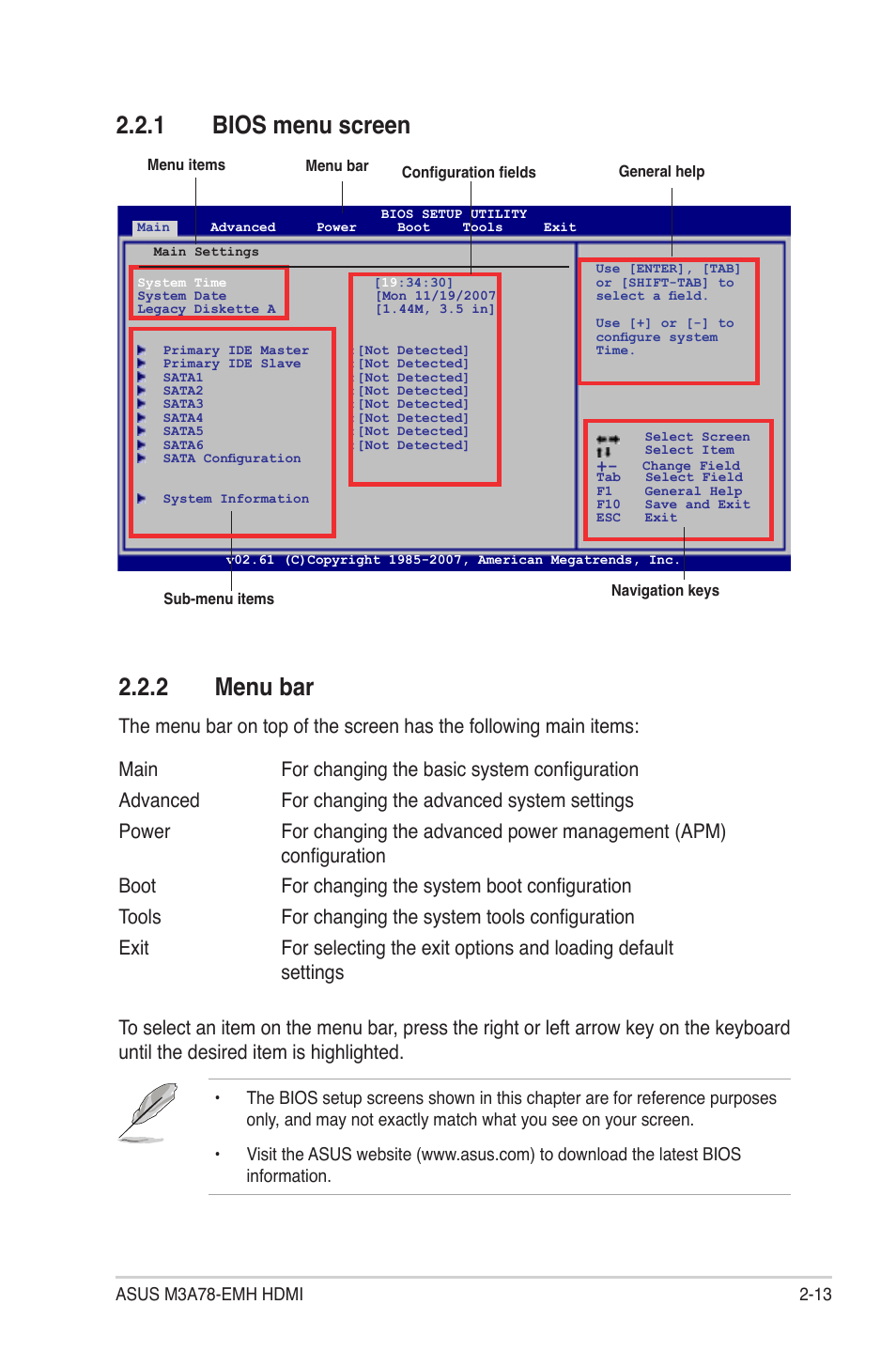 1 bios menu screen 2.2.2 menu bar | Asus M3A78-EMH HDMI User Manual | Page 65 / 100