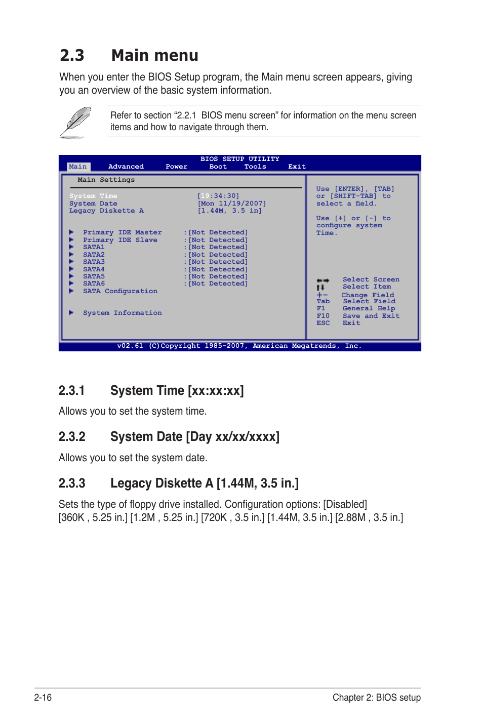 3 main menu, System.time.[xx:xx:xx, Allows you to set the system time | Allows you to set the system date | Asus M3A78-EMH HDMI User Manual | Page 68 / 100