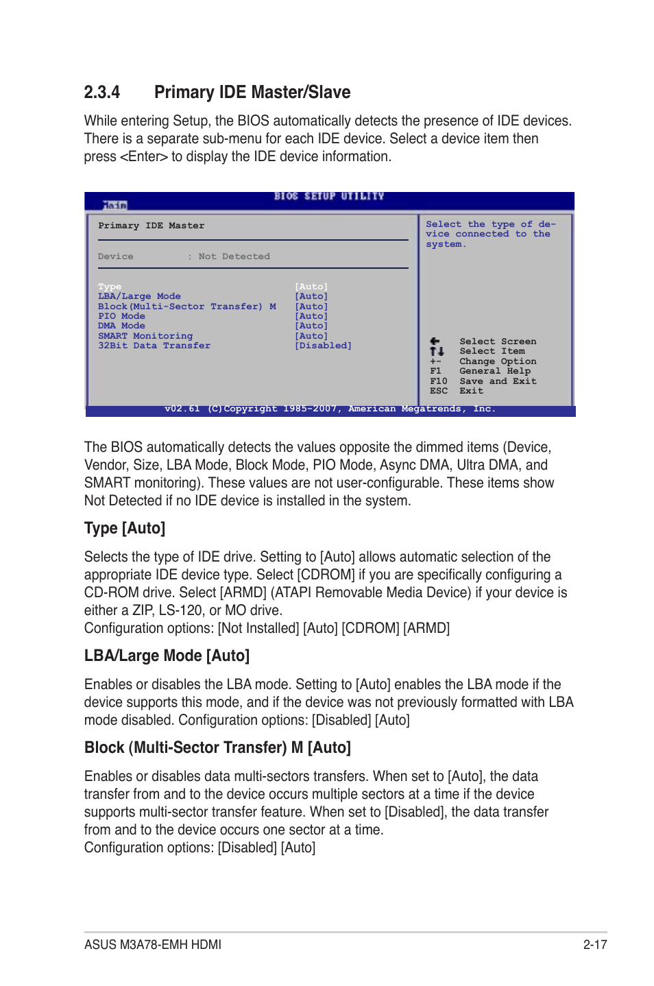 4 primary ide master/slave, Type [auto, Lba/large mode [auto | Block (multi-sector transfer) m [auto | Asus M3A78-EMH HDMI User Manual | Page 69 / 100