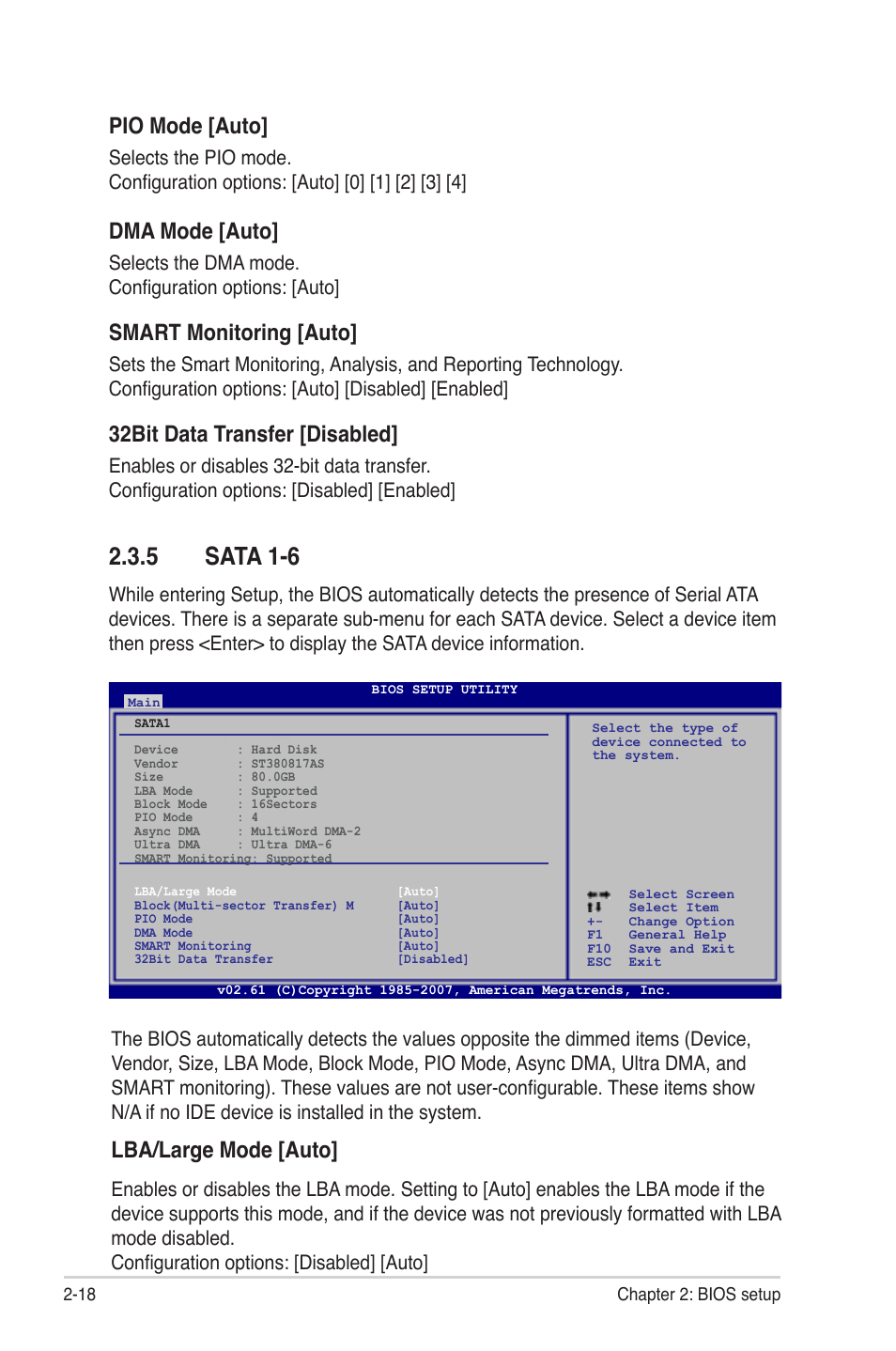 Sata.1-6, Dma mode [auto, Smart monitoring [auto | 32bit.data.transfer.[disabled, Pio mode [auto, Lba/large mode [auto, Selects the dma mode. configuration options: [auto | Asus M3A78-EMH HDMI User Manual | Page 70 / 100