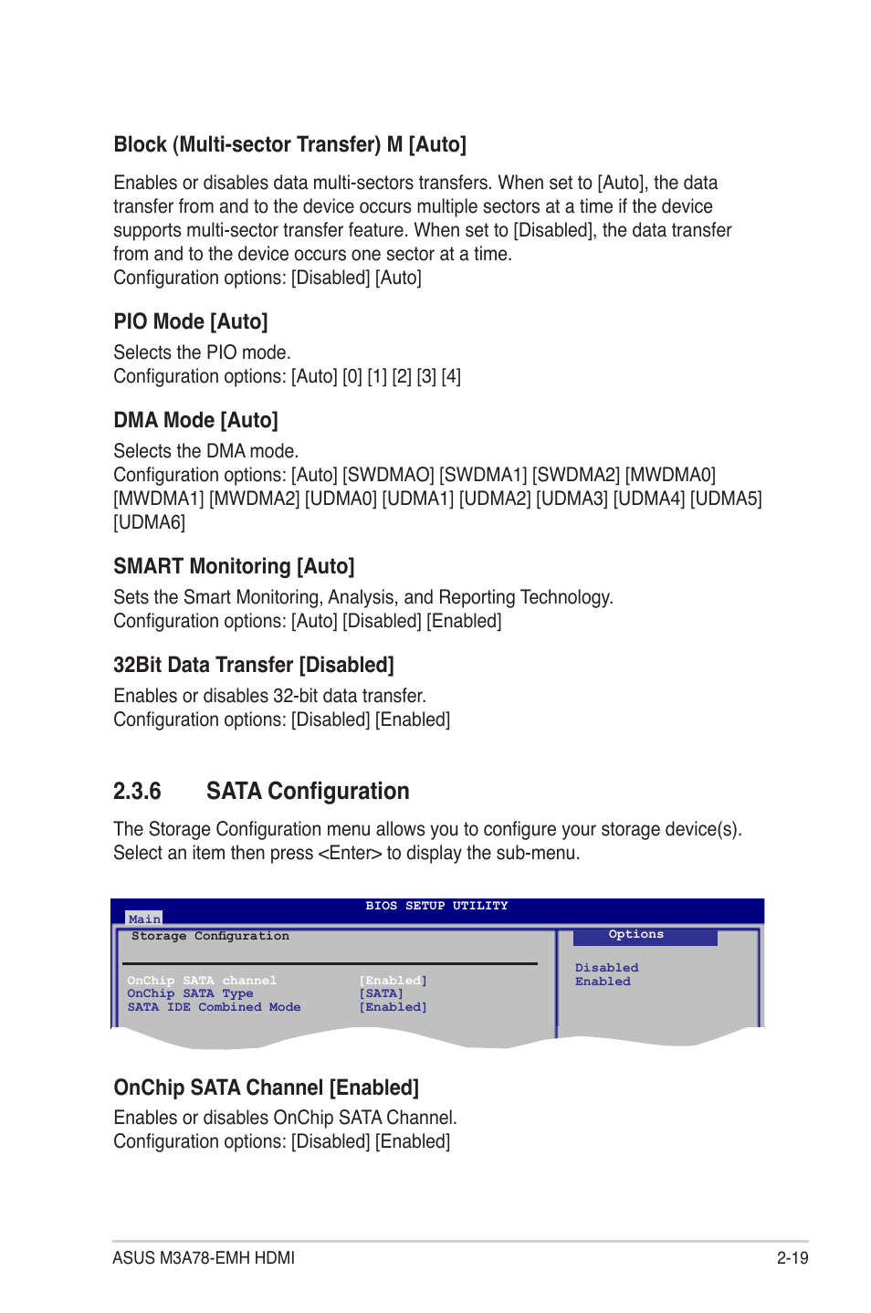 6 sata configuration, Block (multi-sector transfer) m [auto, Pio mode [auto | Dma mode [auto, Smart monitoring [auto, 32bit.data.transfer.[disabled, Onchip.sata.channel.[enabled | Asus M3A78-EMH HDMI User Manual | Page 71 / 100