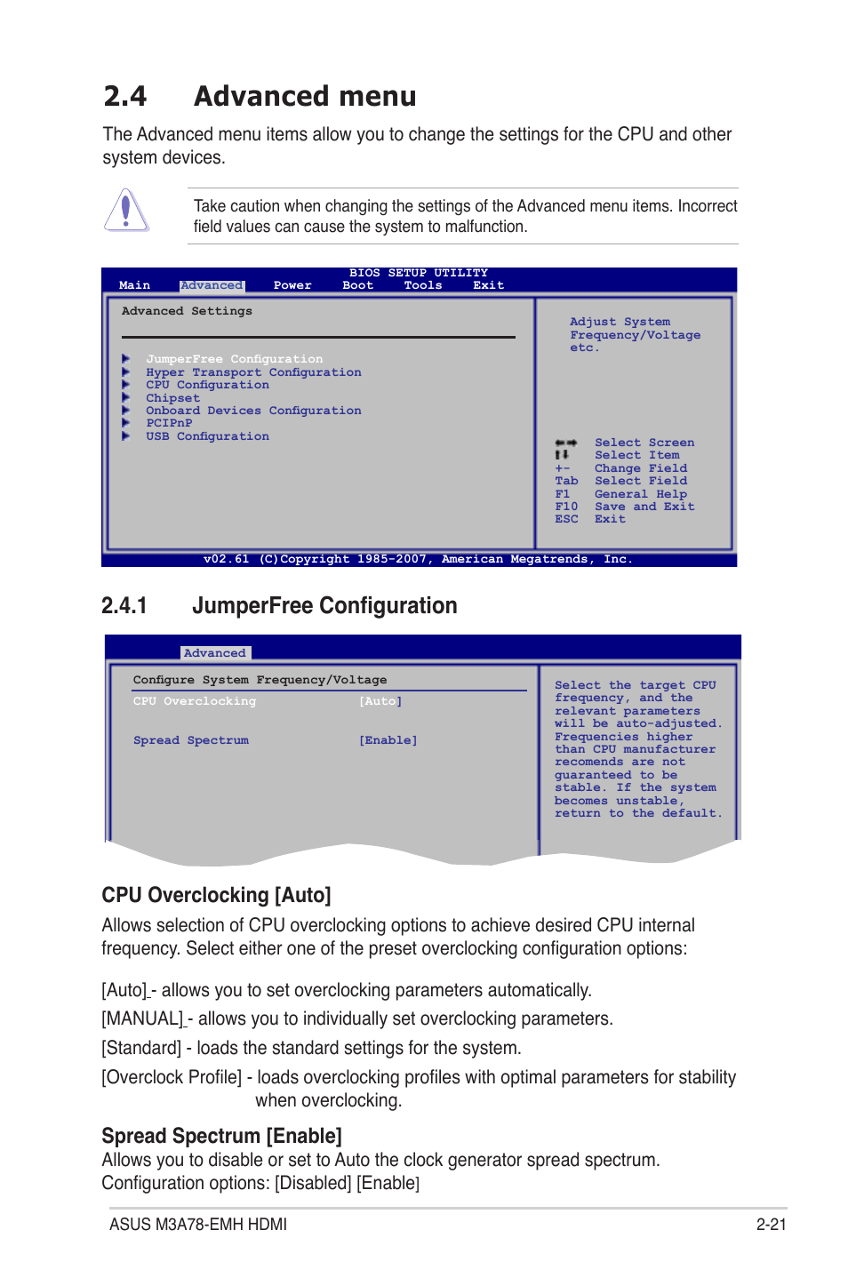 4 advanced menu, 1 jumperfree configuration, Spread spectrum [enable | Cpu overclocking [auto | Asus M3A78-EMH HDMI User Manual | Page 73 / 100