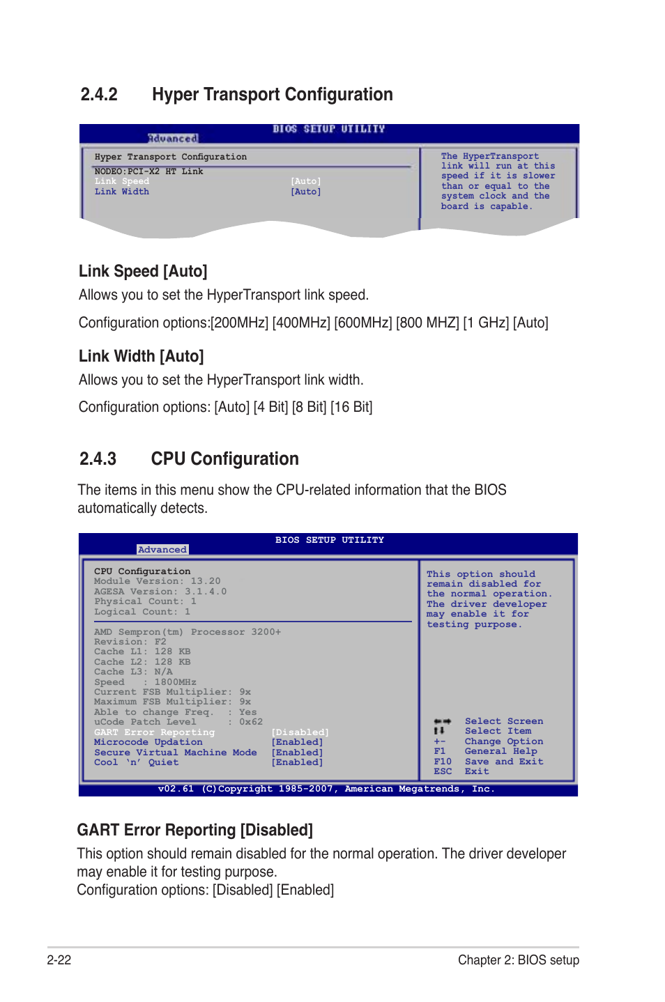 3 cpu configuration, 2 hyper transport configuration, Gart error reporting [disabled | Link speed [auto, Link width [auto | Asus M3A78-EMH HDMI User Manual | Page 74 / 100